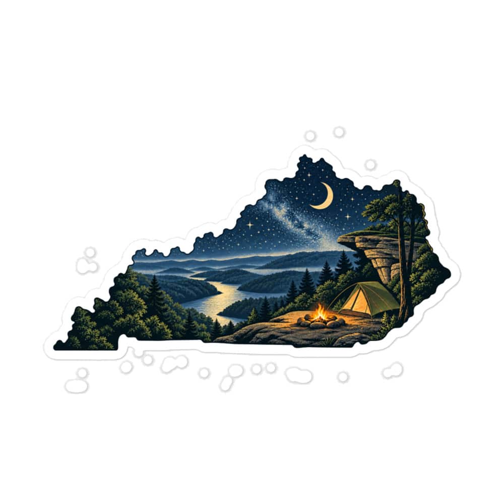 Kentucky Vinyl Sticker: Campsite beneath a starry sky, Illustrated Kentucky Silhouette