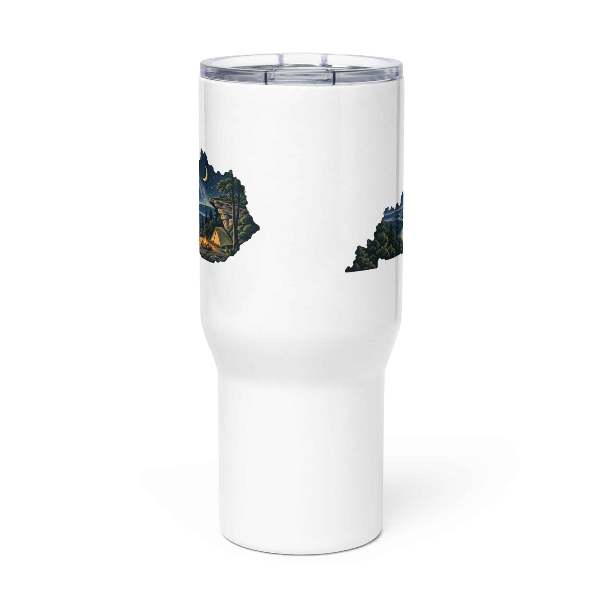 Kentucky Travel Mug: Campsite beneath a starry sky, Illustrated Kentucky Silhouette