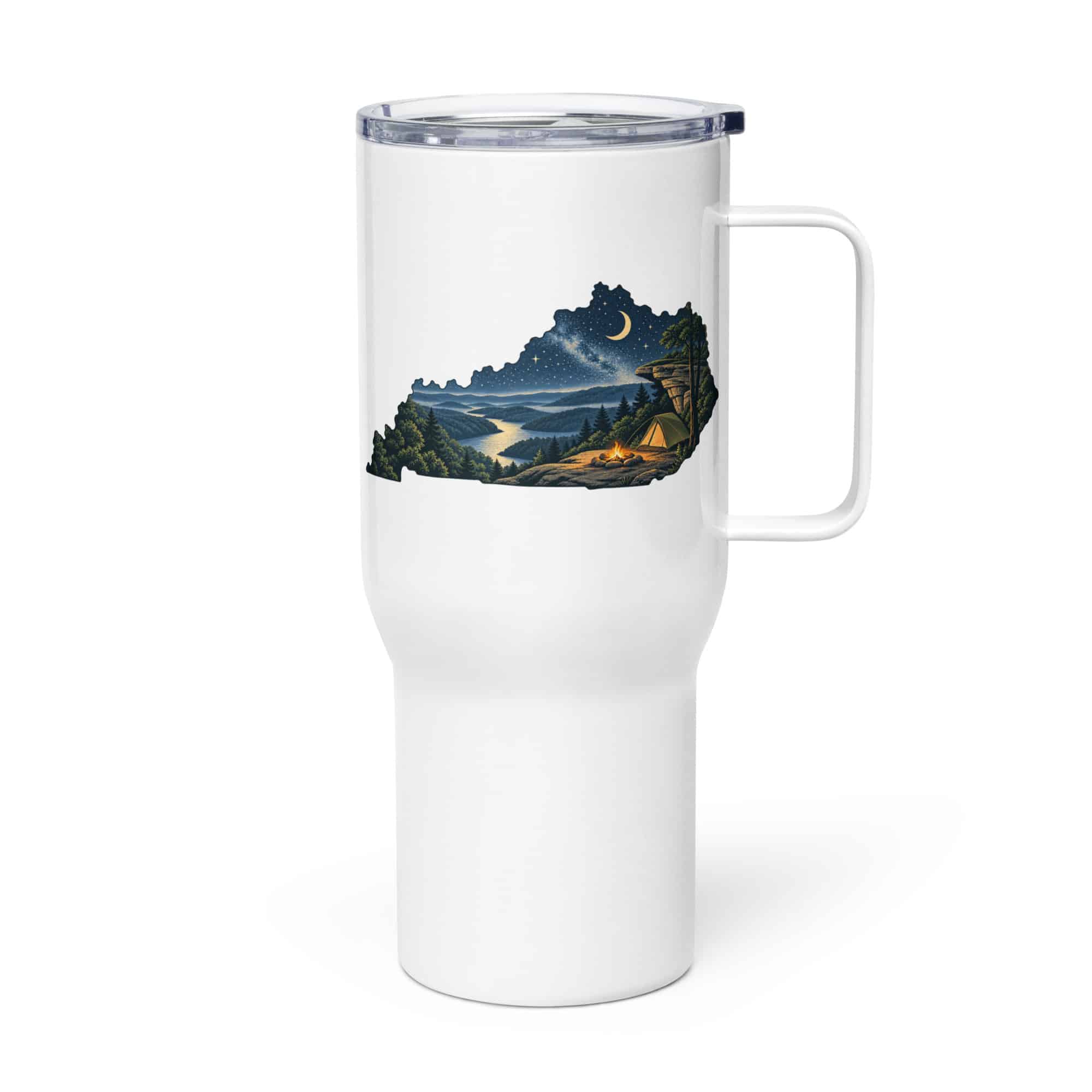 Kentucky Travel Mug: Campsite beneath a starry sky, Illustrated Kentucky Silhouette