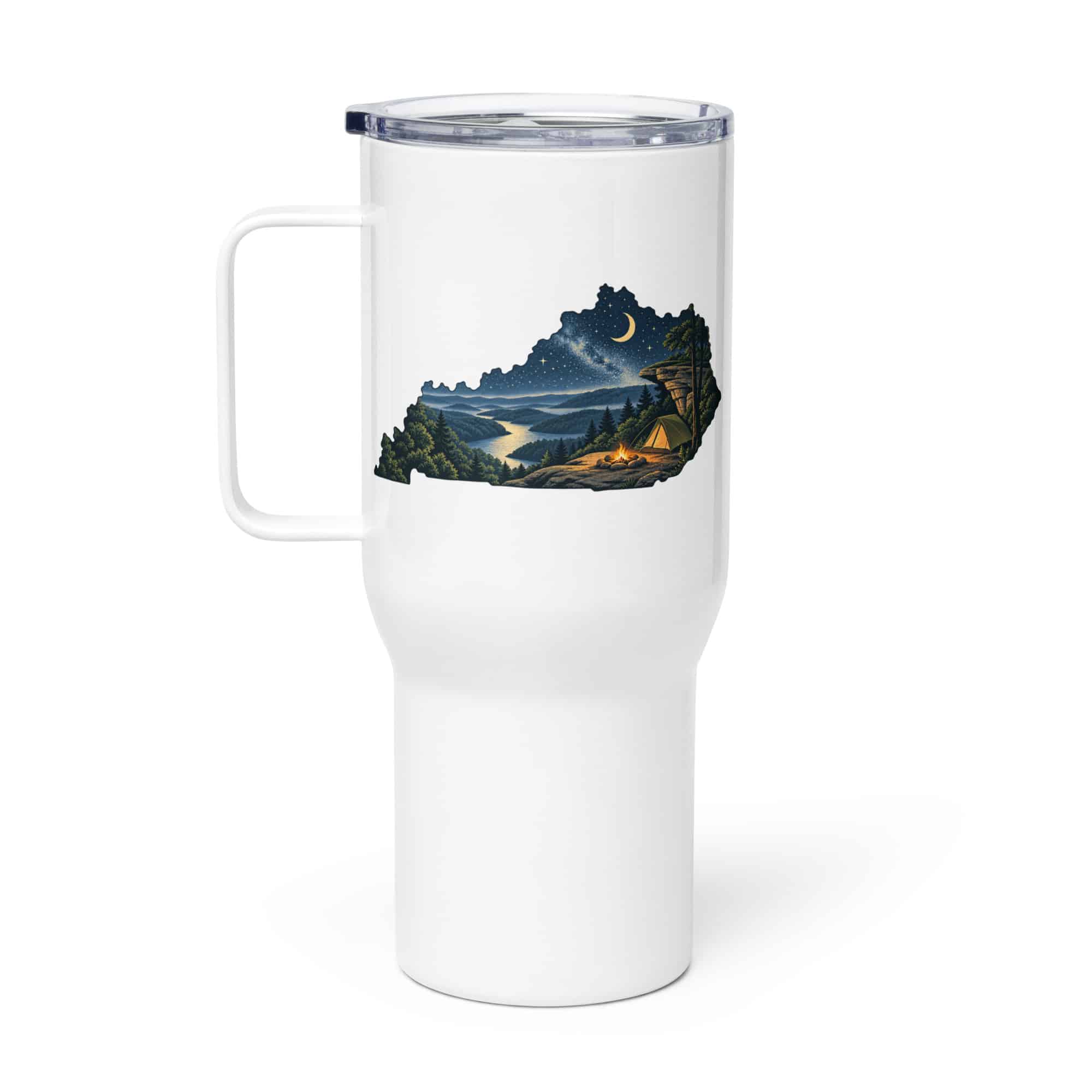 Kentucky Travel Mug: Campsite beneath a starry sky, Illustrated Kentucky Silhouette