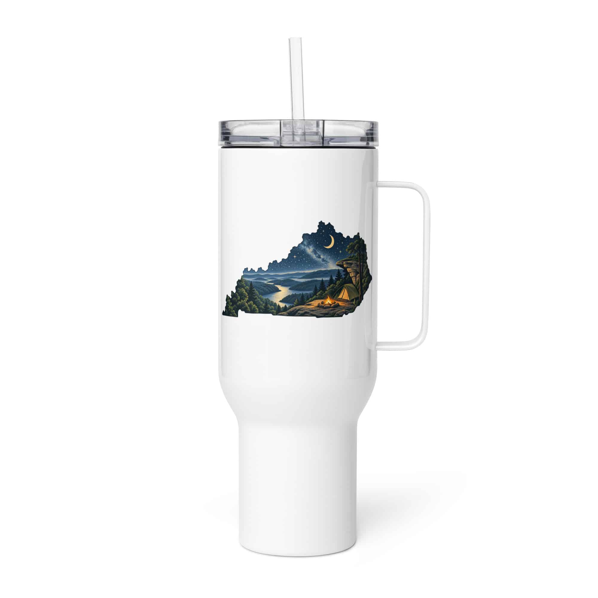 Kentucky Travel Mug: Campsite beneath a starry sky, Illustrated Kentucky Silhouette