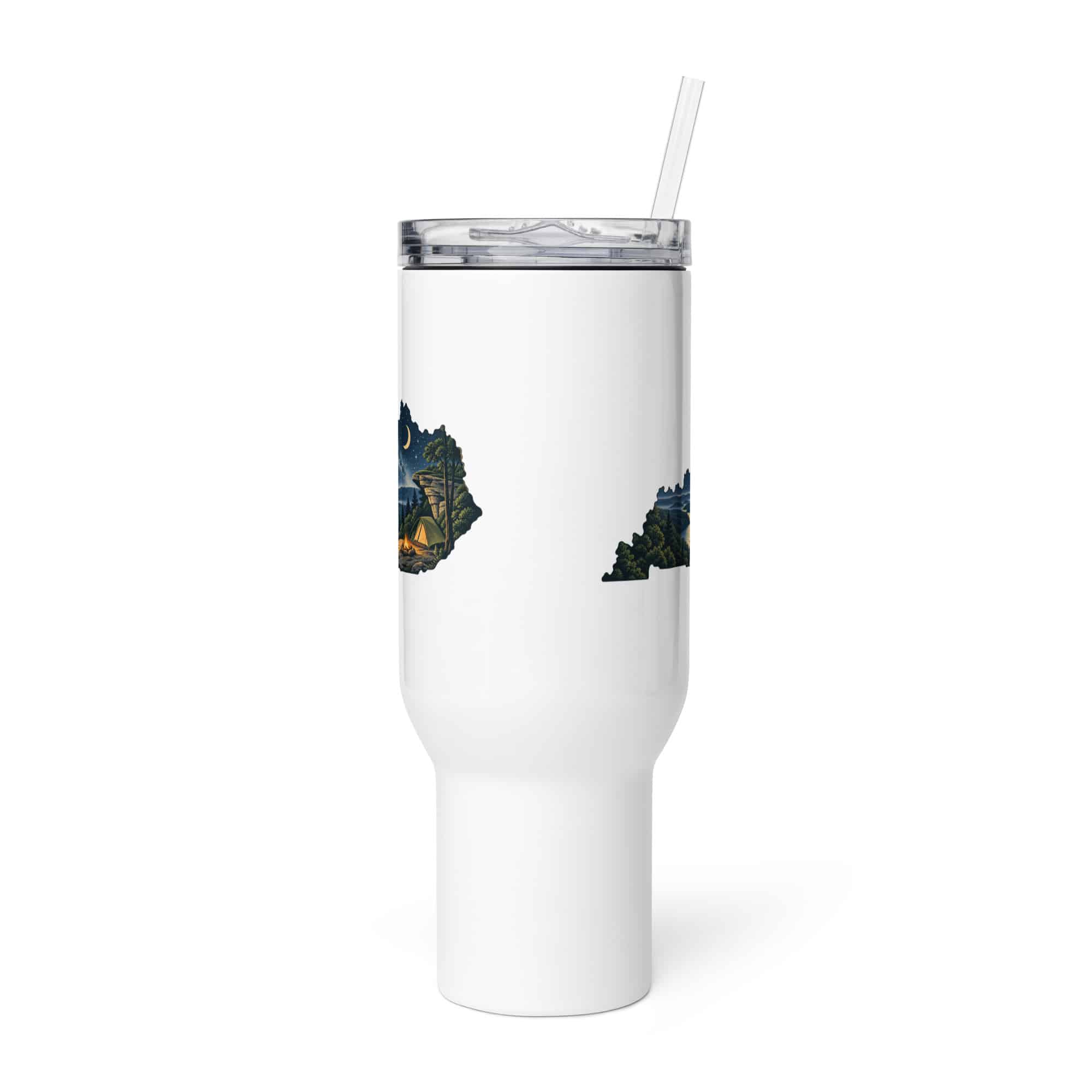 Kentucky Travel Mug: Campsite beneath a starry sky, Illustrated Kentucky Silhouette
