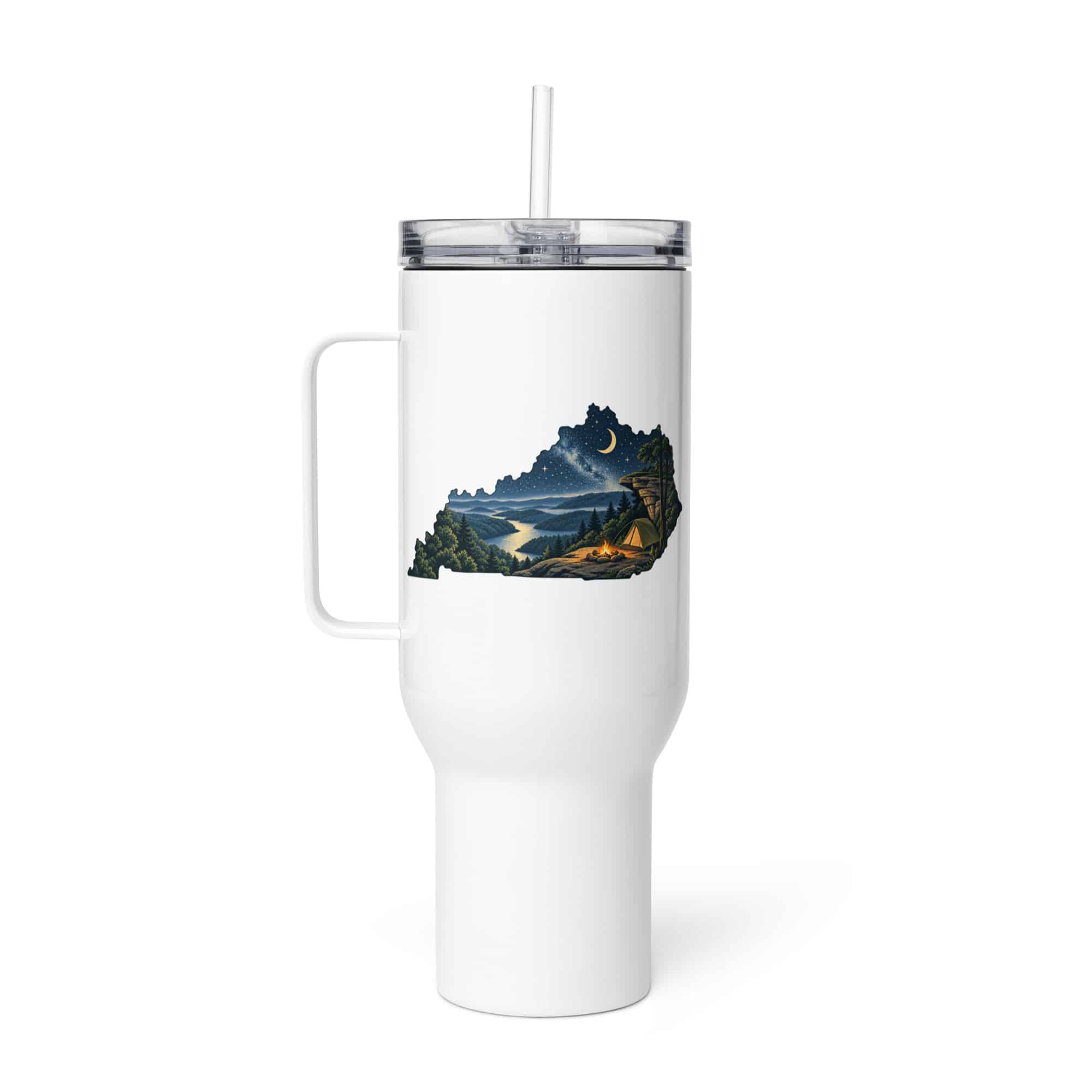 Kentucky Travel Mug: Campsite beneath a starry sky, Illustrated Kentucky Silhouette