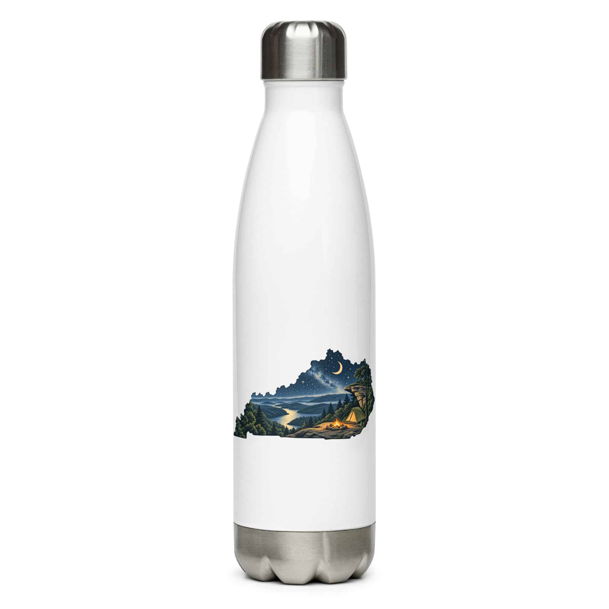 Kentucky Stainless Steel Water Bottle: Campsite beneath a starry sky, Illustrated Kentucky Silhouette