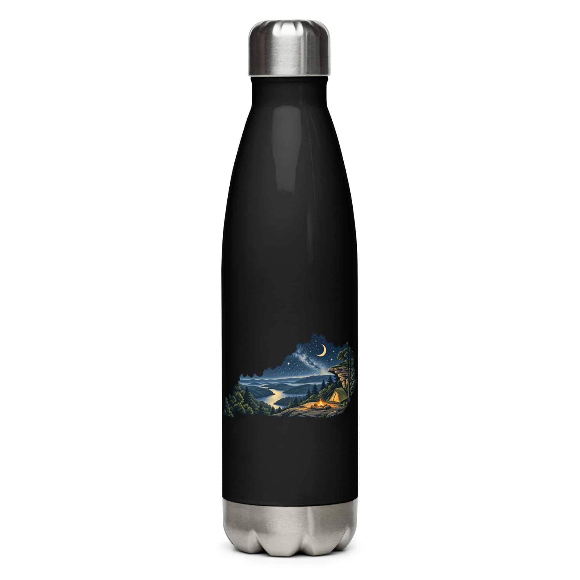 Kentucky Stainless Steel Water Bottle: Campsite beneath a starry sky, Illustrated Kentucky Silhouette