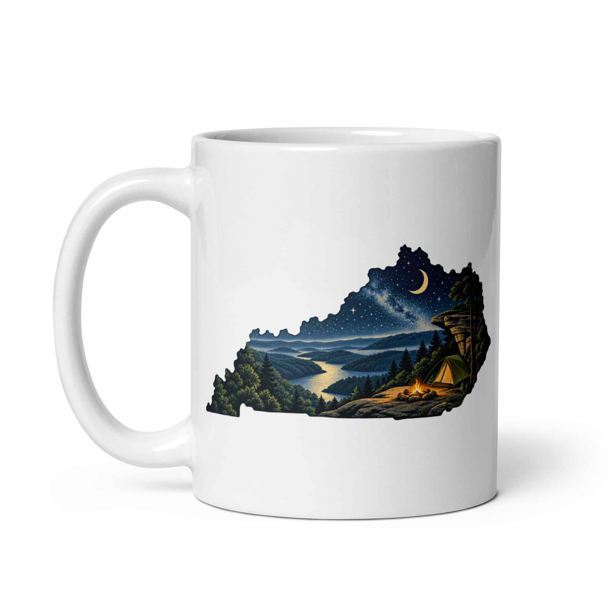 Kentucky White Ceramic Coffee Mug: Campsite beneath a starry sky, Illustrated Kentucky Silhouette