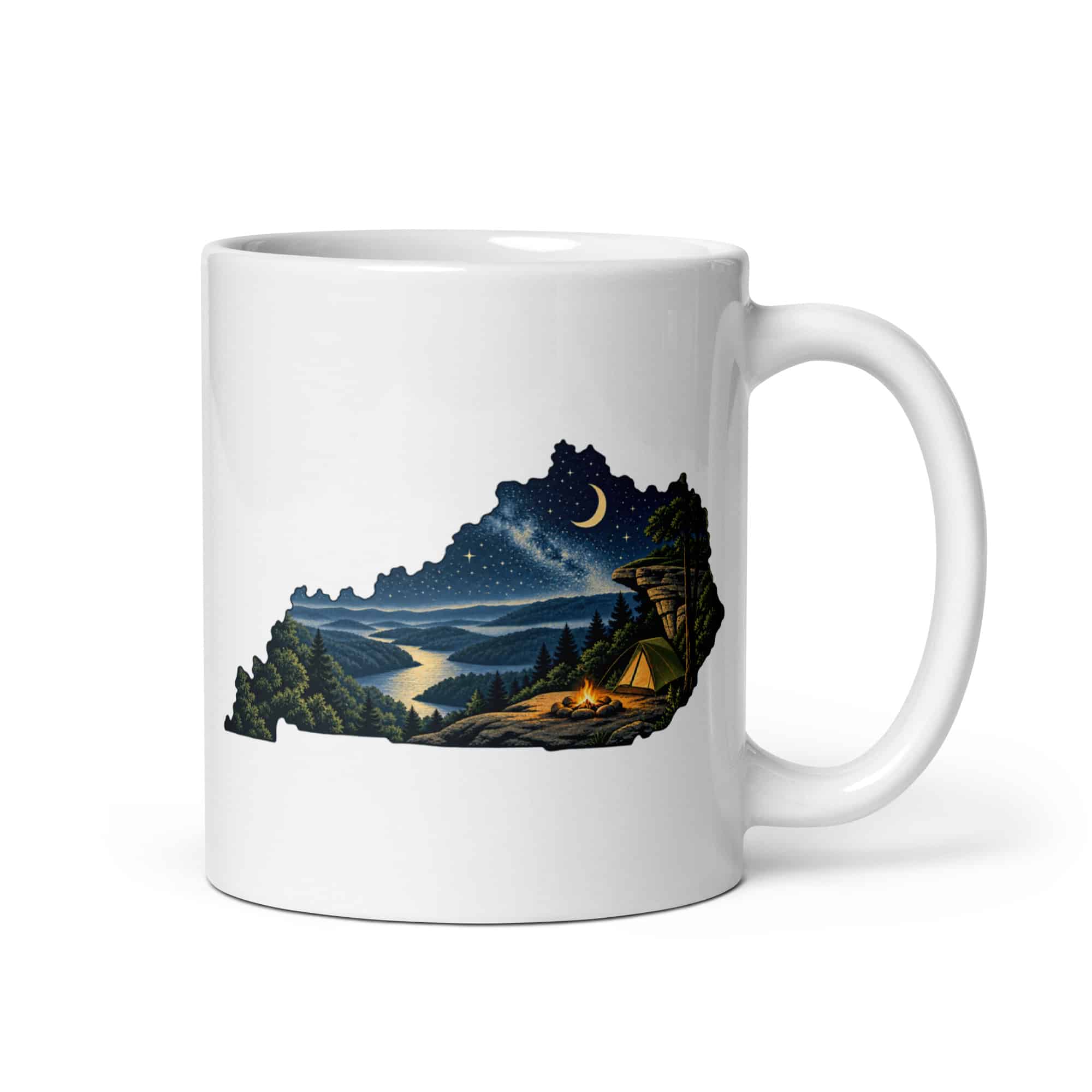 Kentucky White Ceramic Coffee Mug: Campsite beneath a starry sky, Illustrated Kentucky Silhouette