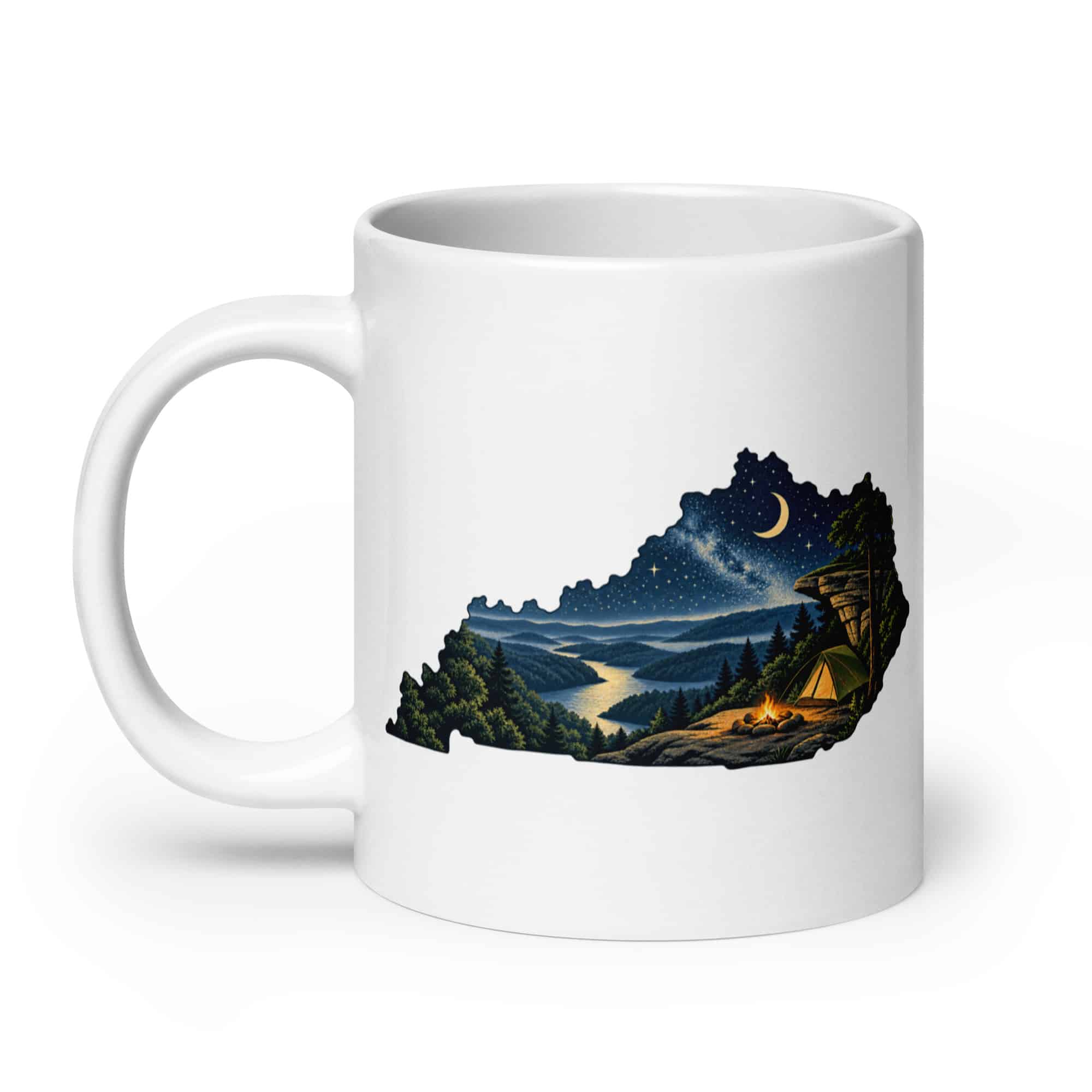 Kentucky White Ceramic Coffee Mug: Campsite beneath a starry sky, Illustrated Kentucky Silhouette