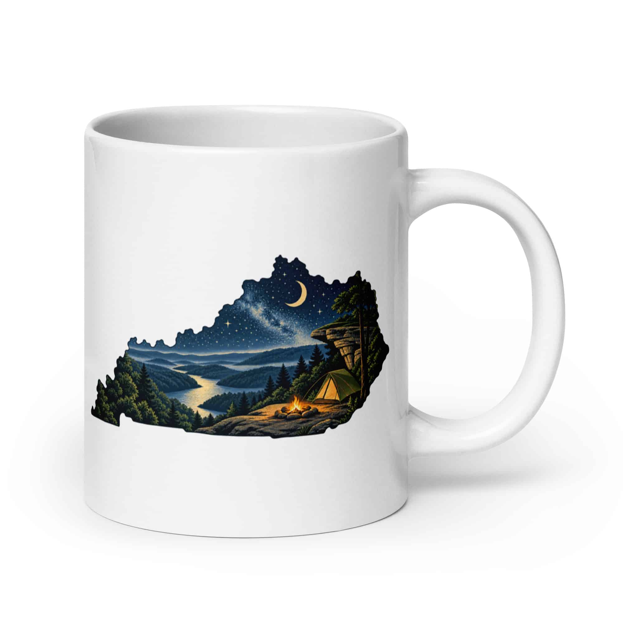 Kentucky White Ceramic Coffee Mug: Campsite beneath a starry sky, Illustrated Kentucky Silhouette