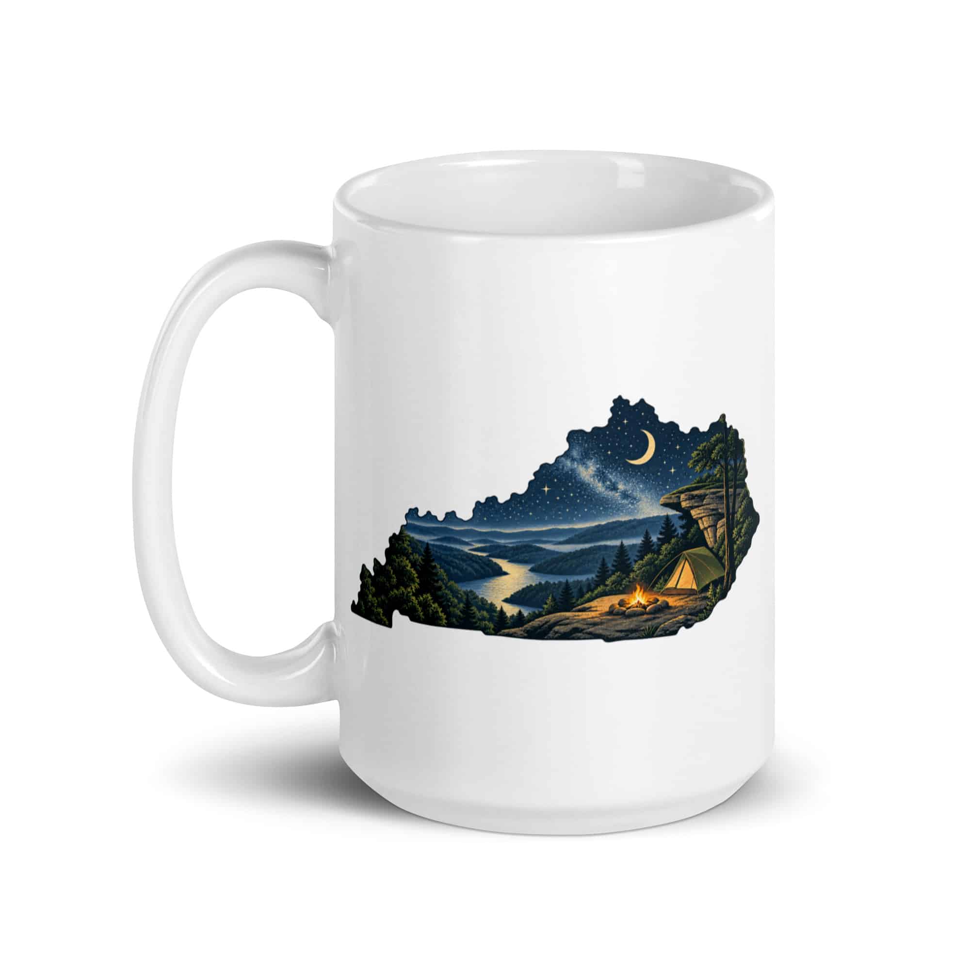 Kentucky White Ceramic Coffee Mug: Campsite beneath a starry sky, Illustrated Kentucky Silhouette