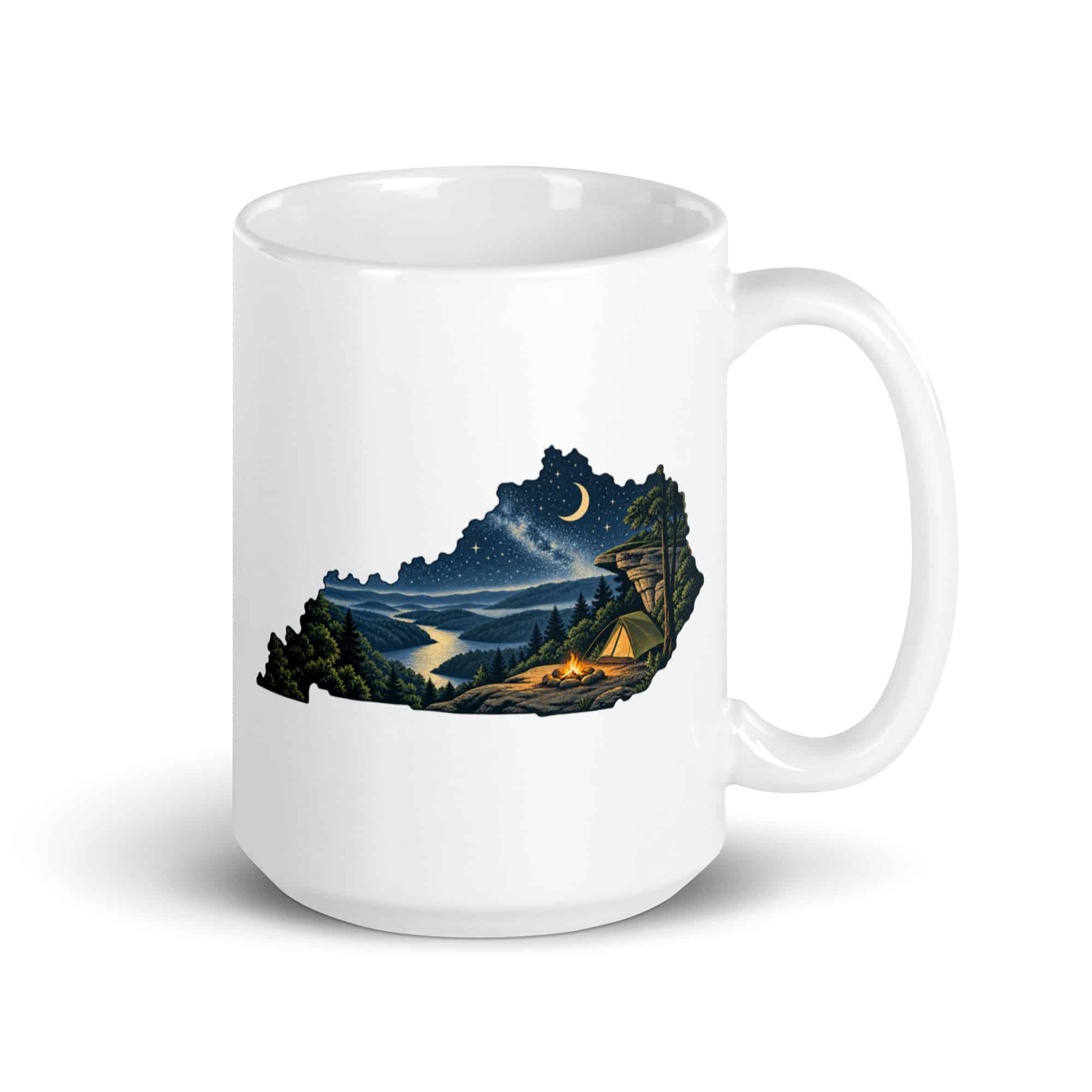 Kentucky White Ceramic Coffee Mug: Campsite beneath a starry sky, Illustrated Kentucky Silhouette