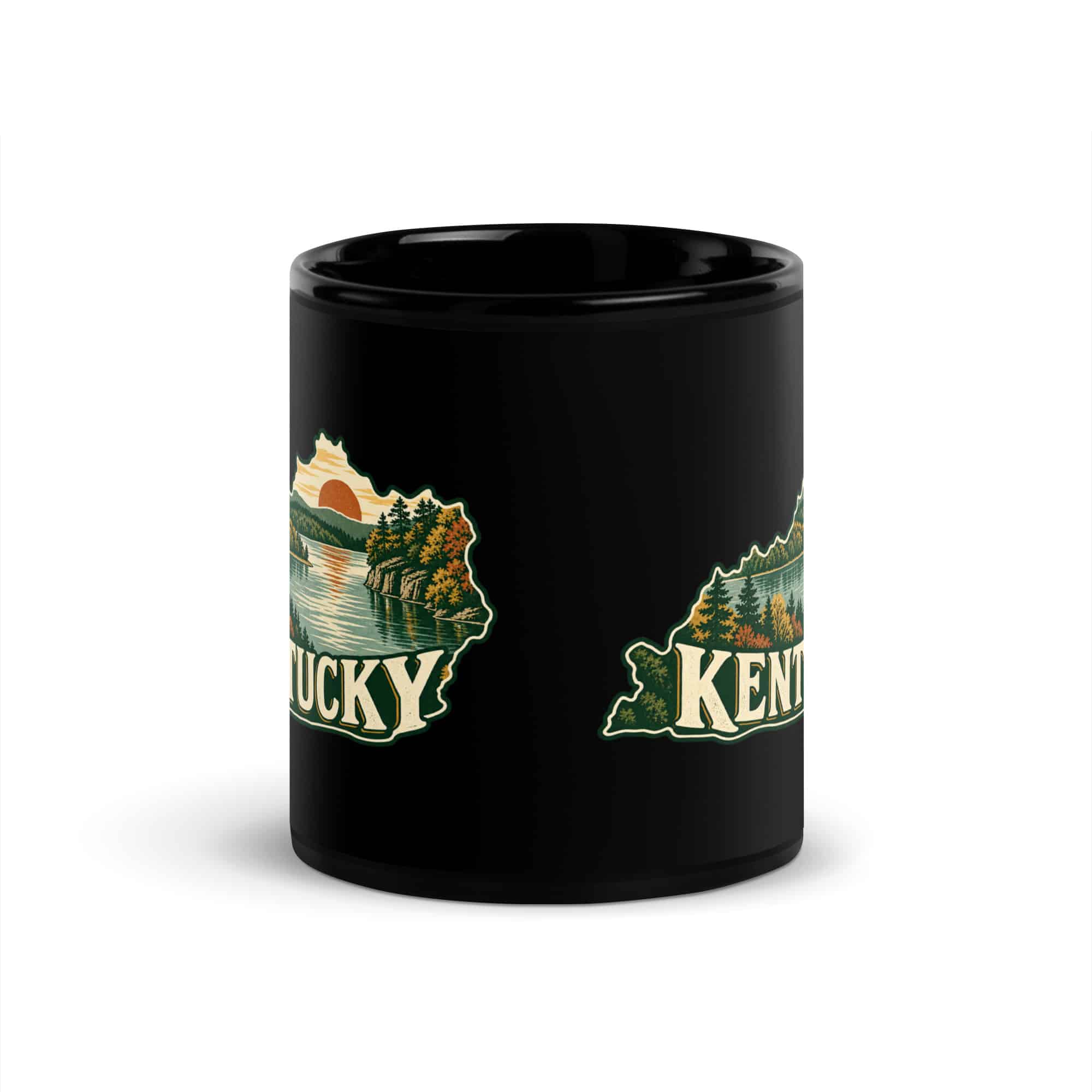Kentucky Black Coffee Mug: Lake with wooded shoreline, Vintage Kentucky Silhouette