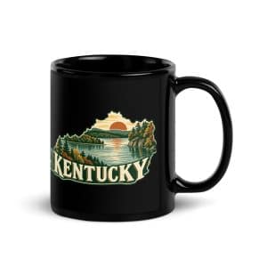 Kentucky Black Coffee Mug: Lake with wooded shoreline, Vintage Kentucky Silhouette - 11 oz - Handle on Right