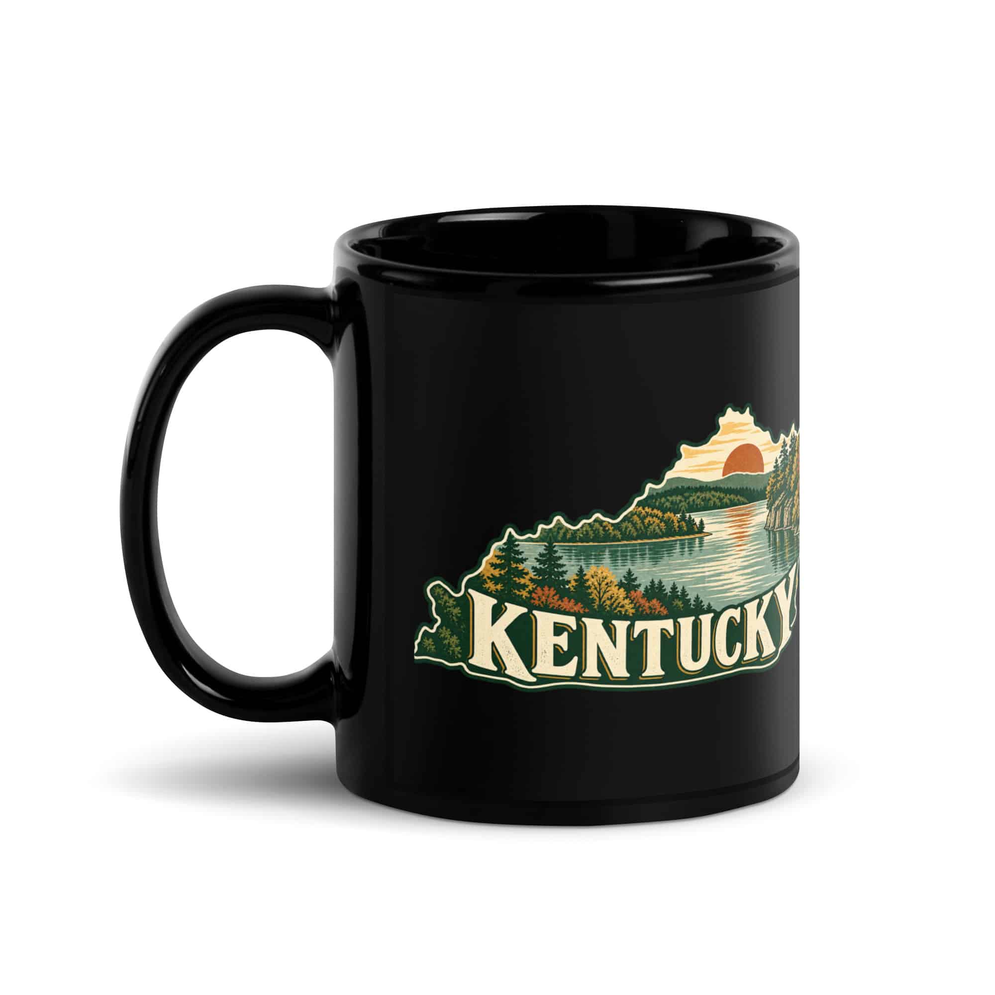 Kentucky Black Coffee Mug: Lake with wooded shoreline, Vintage Kentucky Silhouette