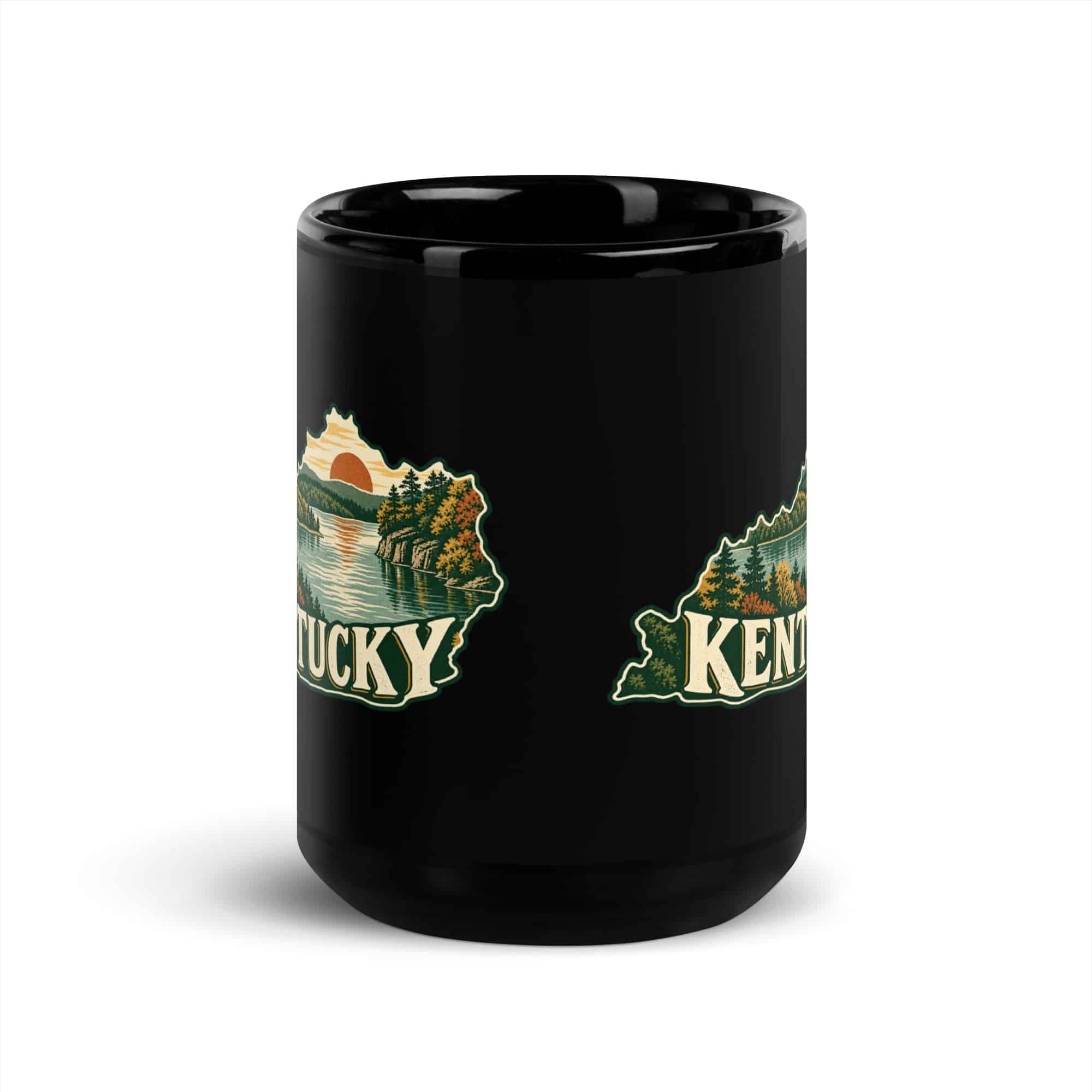 Kentucky Black Coffee Mug: Lake with wooded shoreline, Vintage Kentucky Silhouette