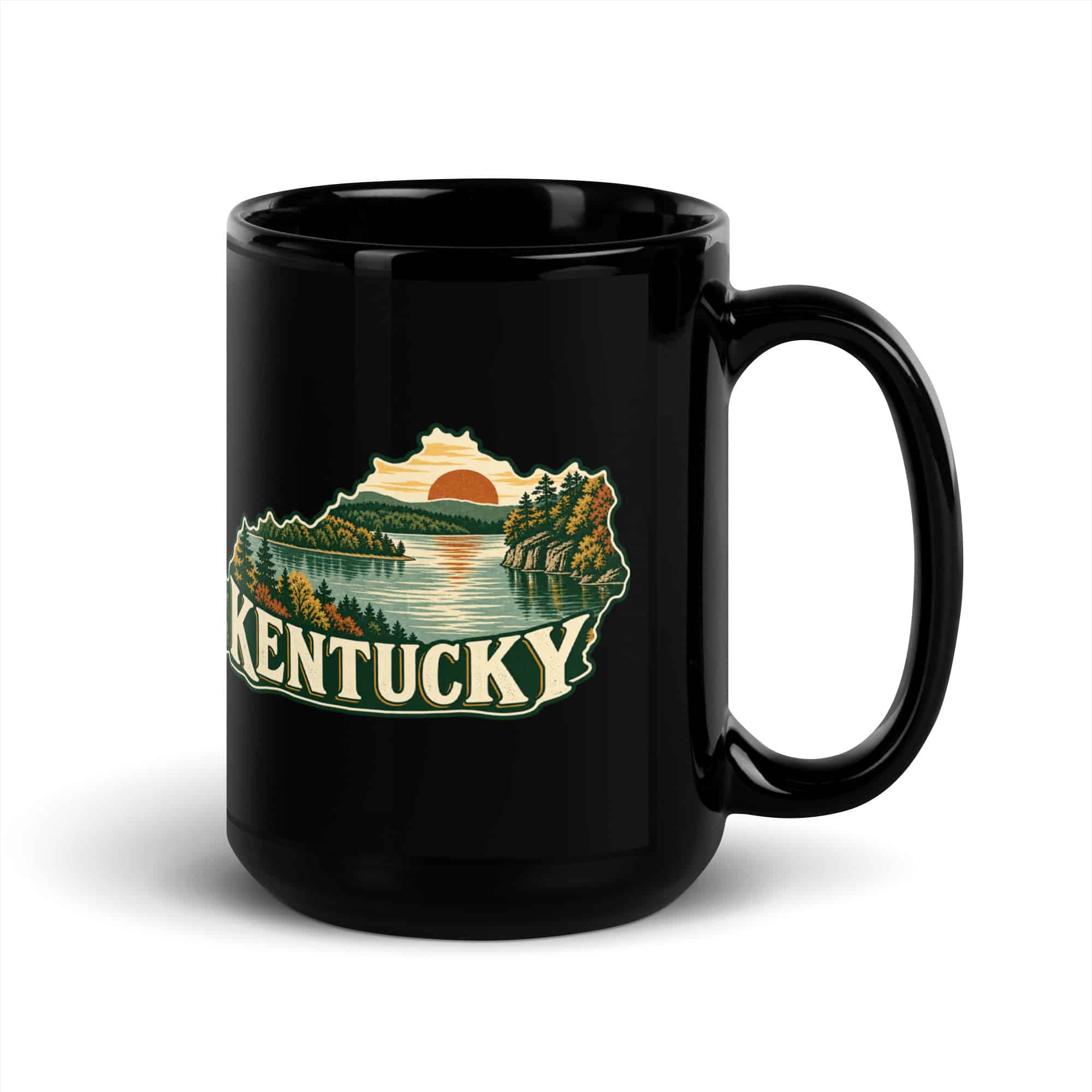 Kentucky Black Coffee Mug: Lake with wooded shoreline, Vintage Kentucky Silhouette