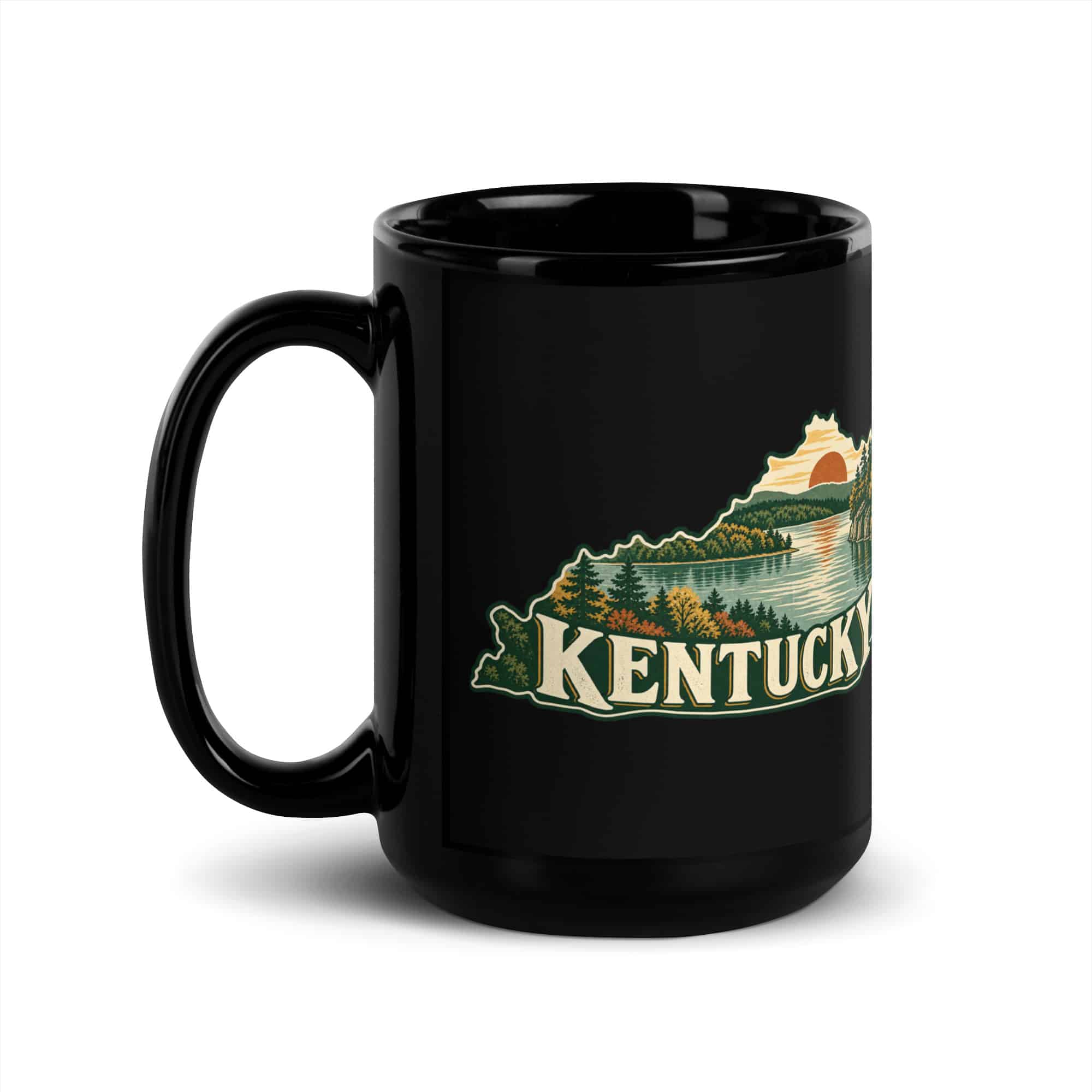 Kentucky Black Coffee Mug: Lake with wooded shoreline, Vintage Kentucky Silhouette