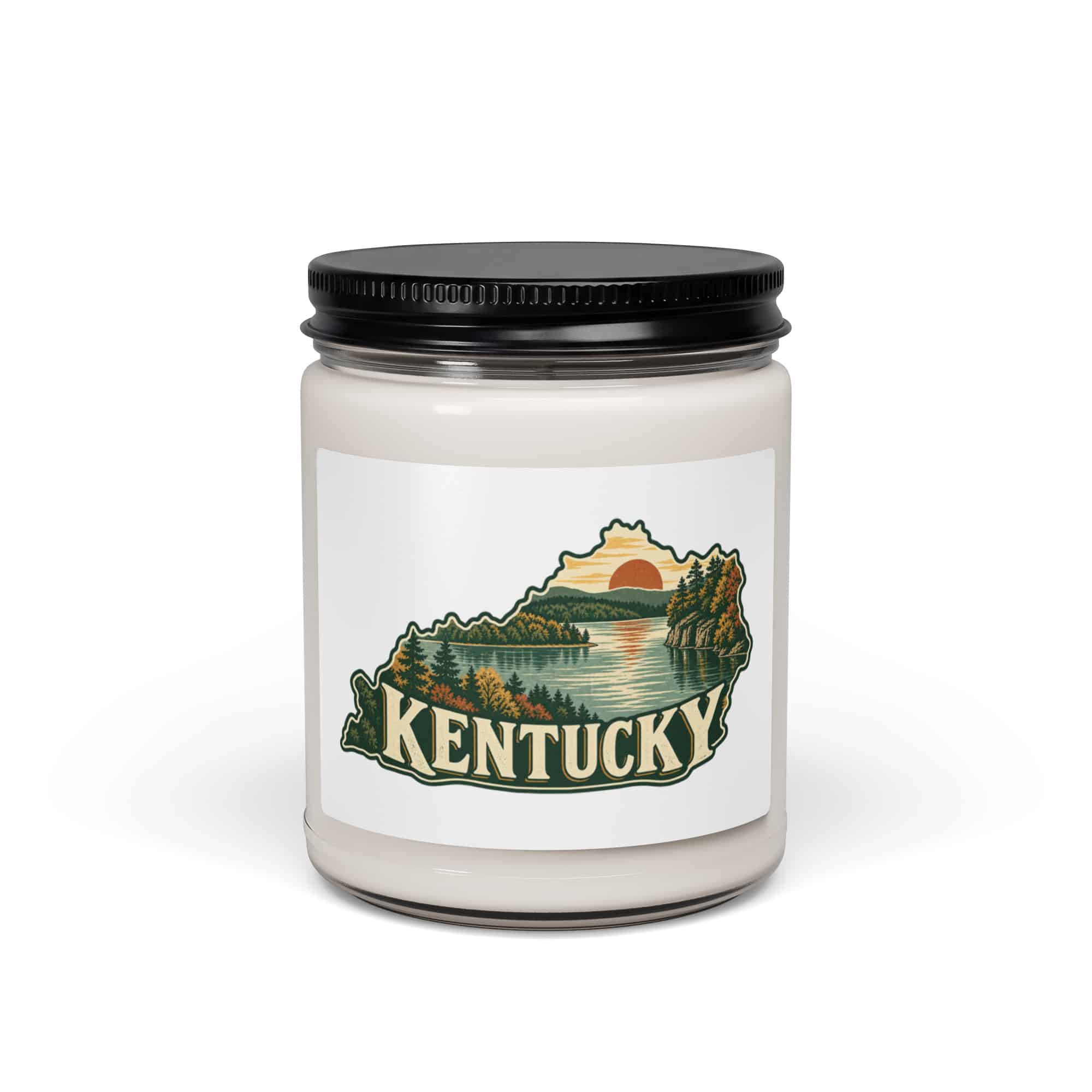 Kentucky Soy Wax Candle: Lake with wooded shoreline, Vintage Kentucky Silhouette