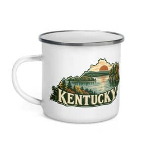 Kentucky Enamel Camp Mug: Lake with wooded shoreline, Vintage Kentucky Silhouette - 12 oz - Left