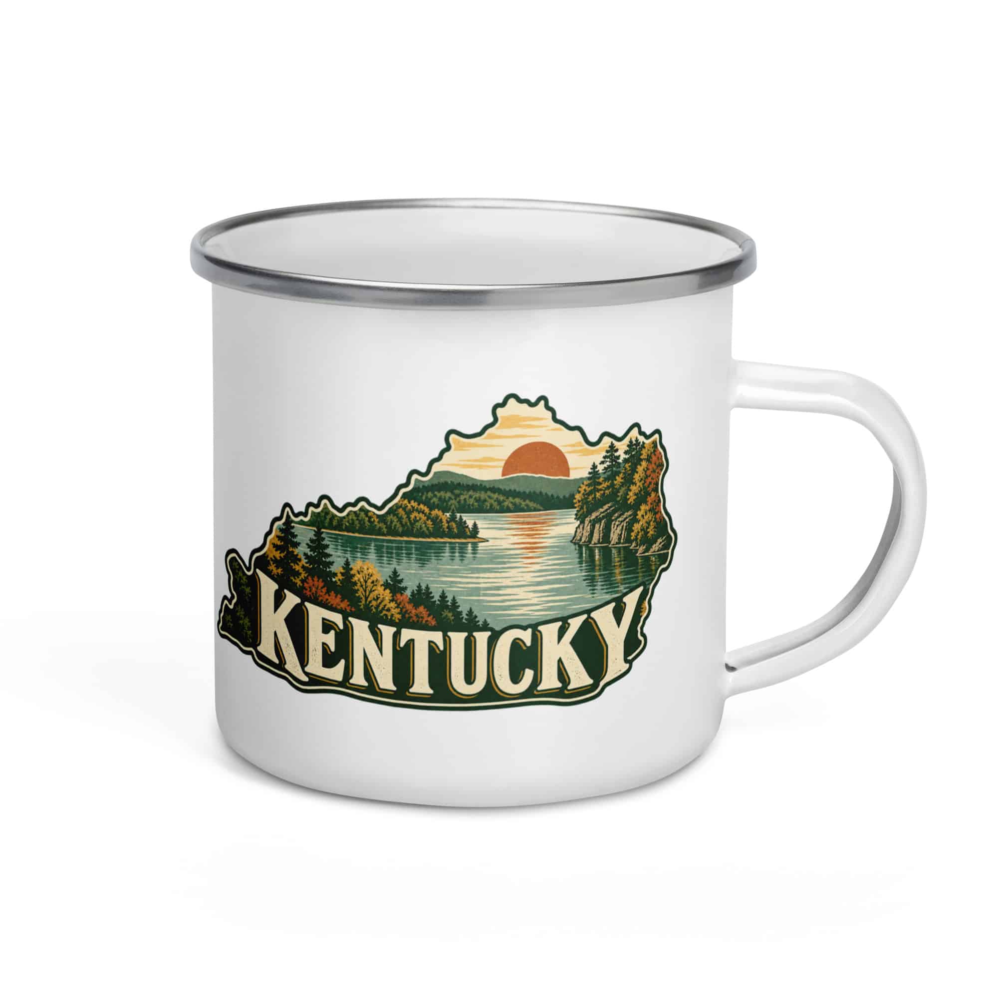 Kentucky Enamel Camp Mug: Lake with wooded shoreline, Vintage Kentucky Silhouette