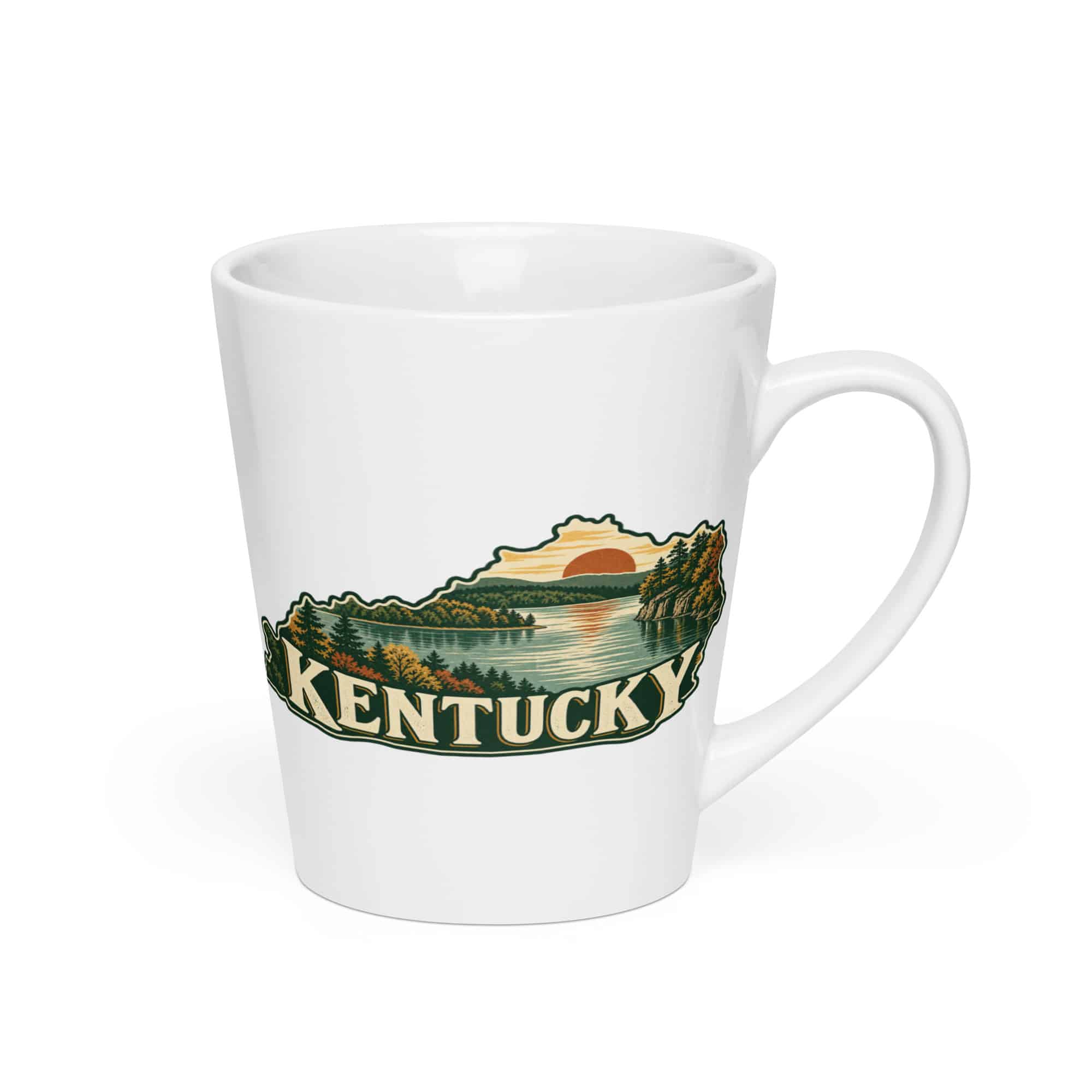 Kentucky Latte Mug: Lake with wooded shoreline, Vintage Kentucky Silhouette