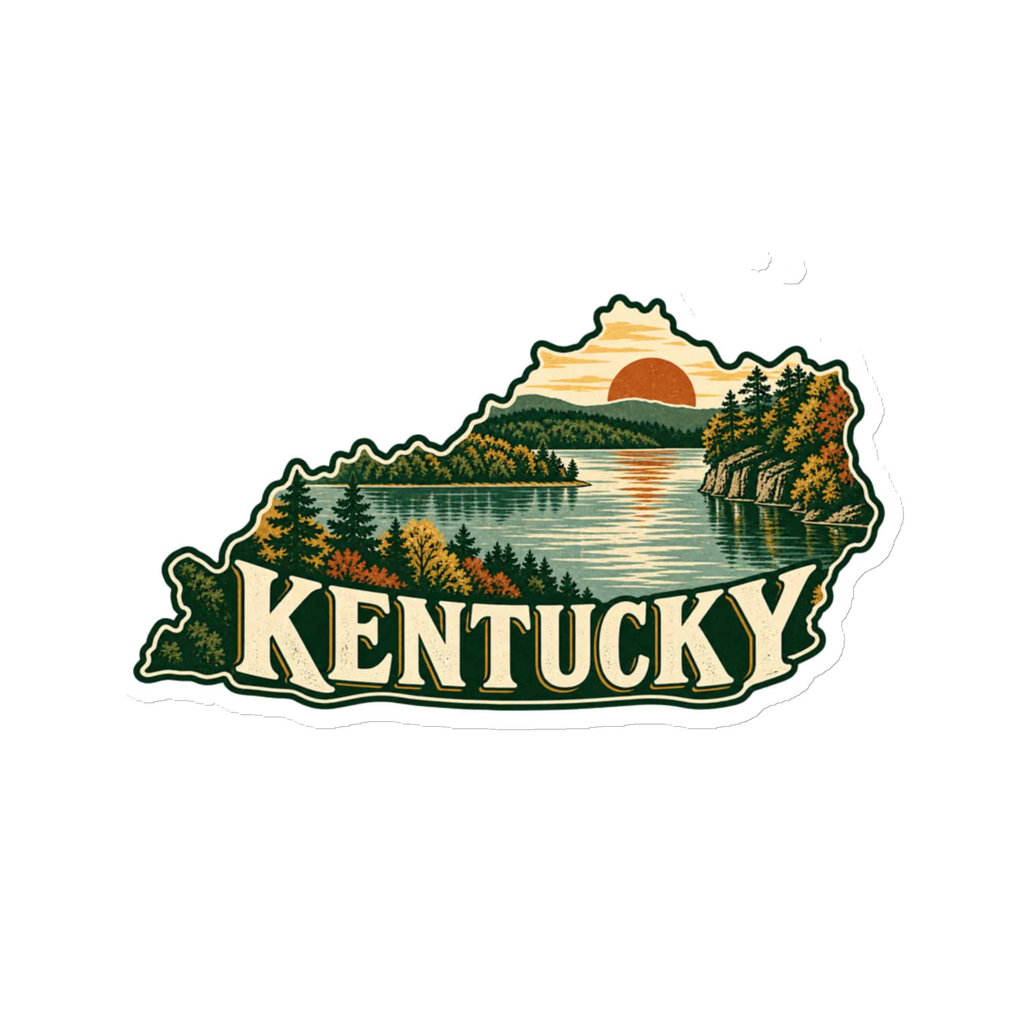 Kentucky Die-Cut Magnet: Lake with wooded shoreline, Vintage Kentucky Silhouette