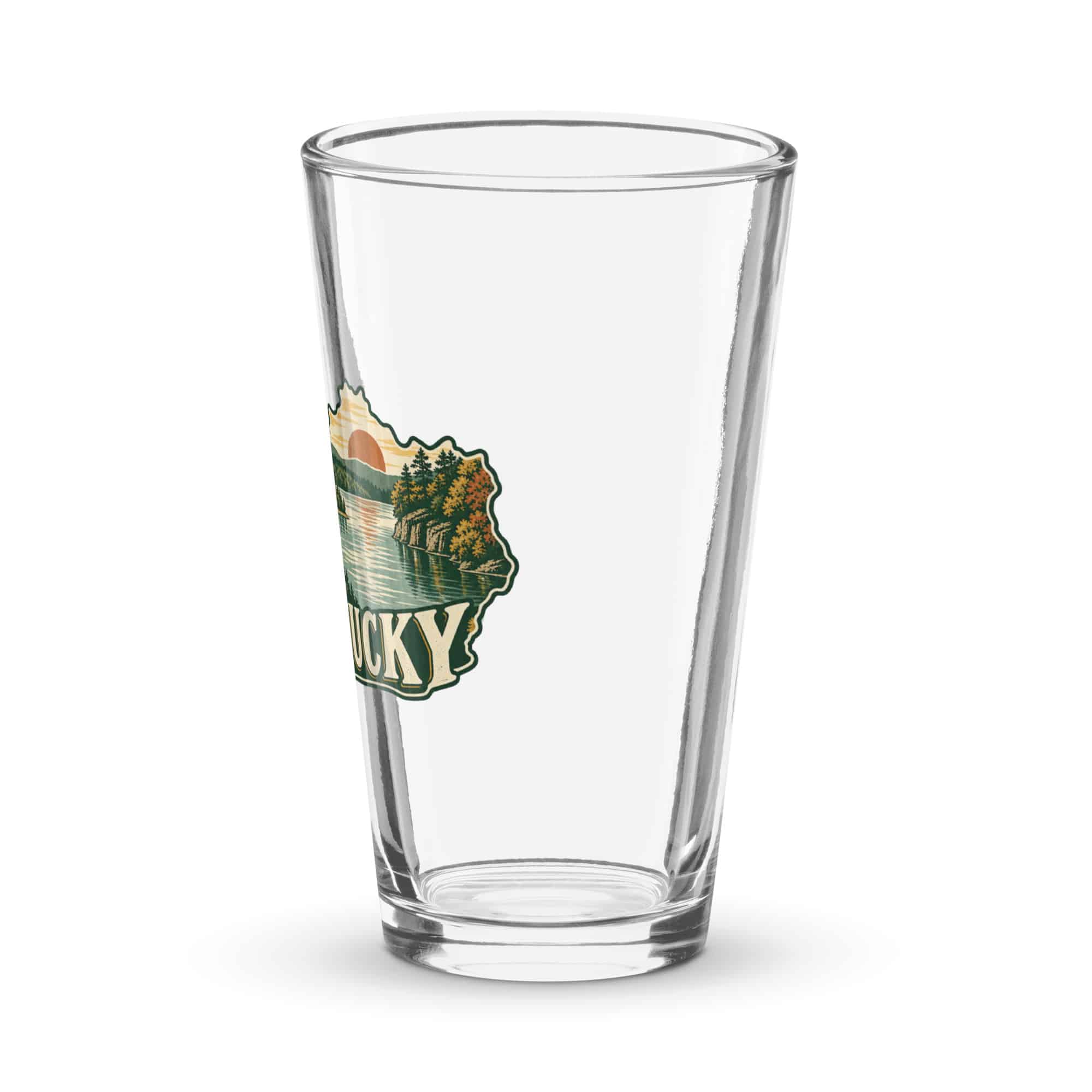 Kentucky Pint Glass: Lake with wooded shoreline, Vintage Kentucky Silhouette