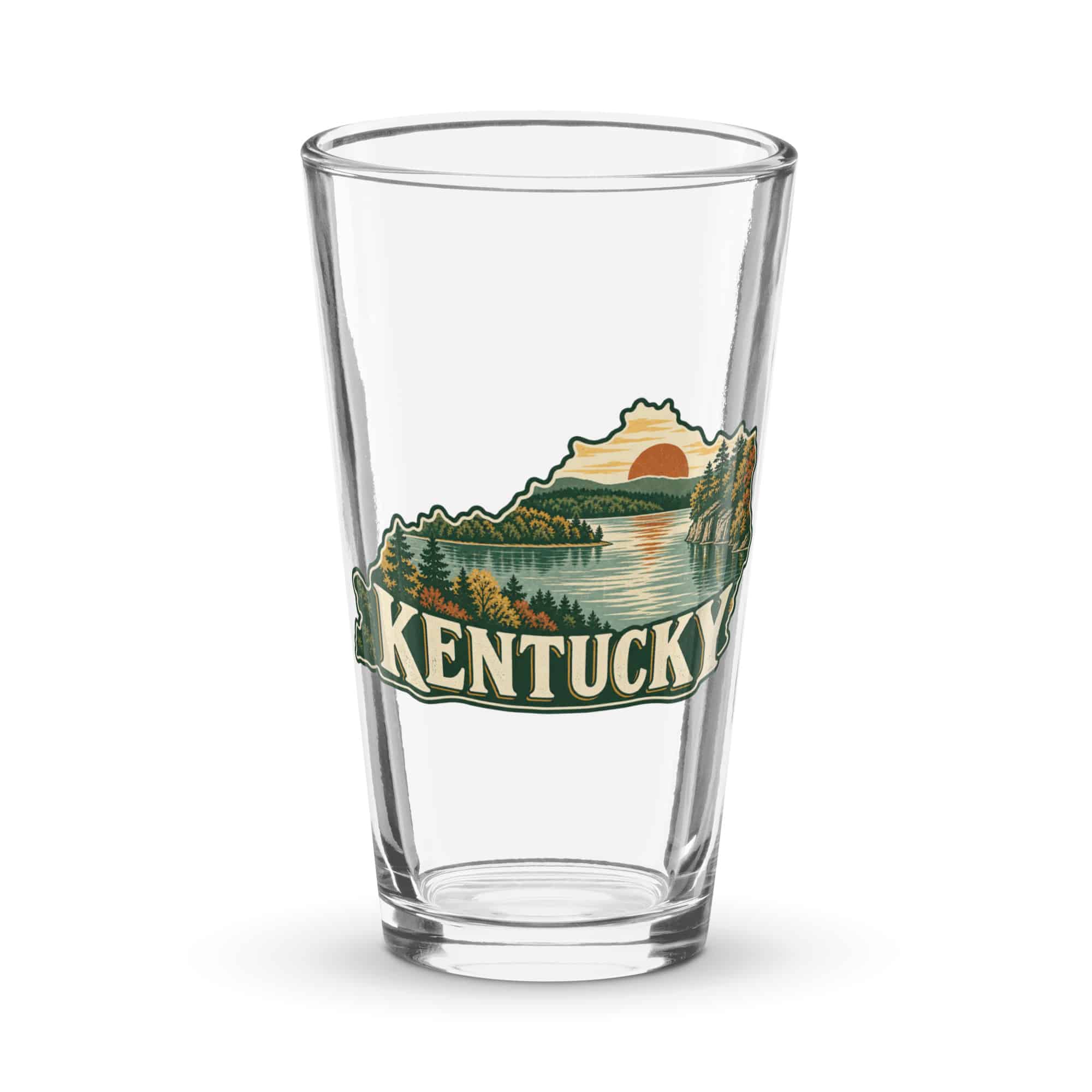 Kentucky Pint Glass: Lake with wooded shoreline, Vintage Kentucky Silhouette