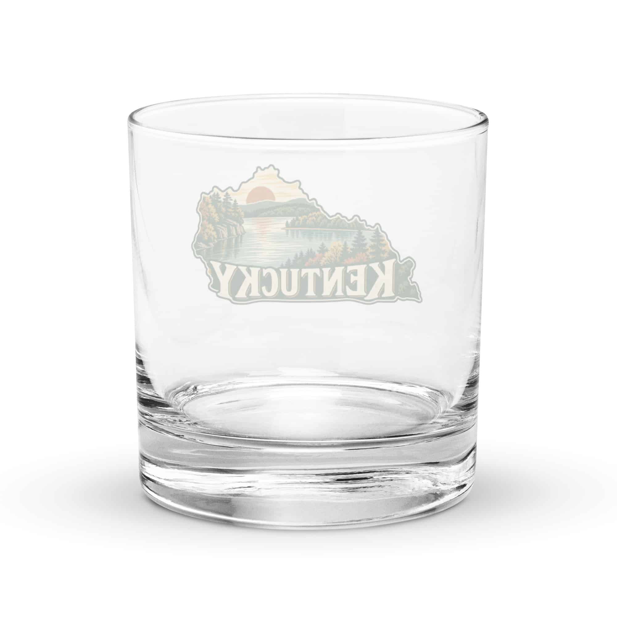 Kentucky Rocks Glass: Lake with wooded shoreline, Vintage Kentucky Silhouette
