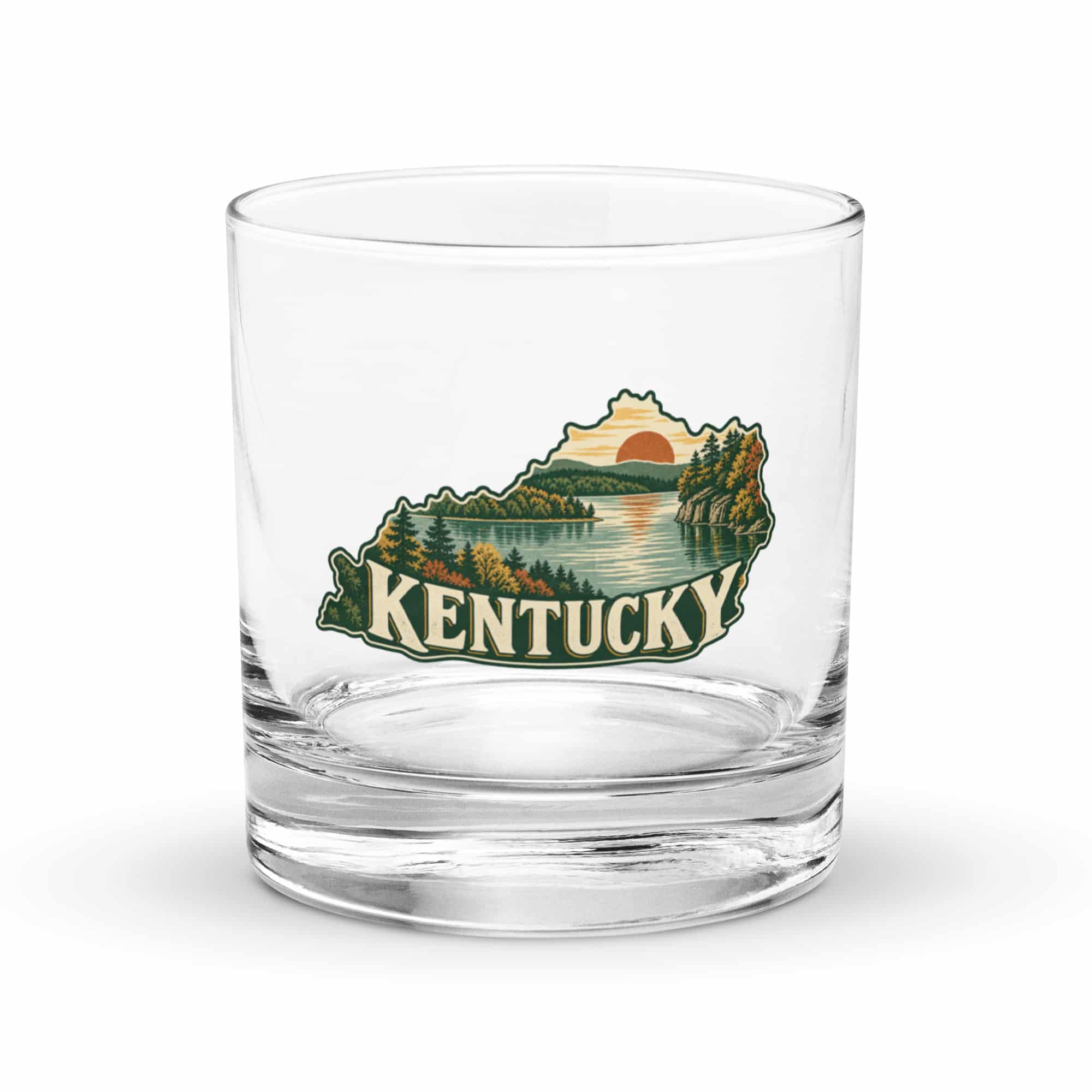 Kentucky Rocks Glass: Lake with wooded shoreline, Vintage Kentucky Silhouette