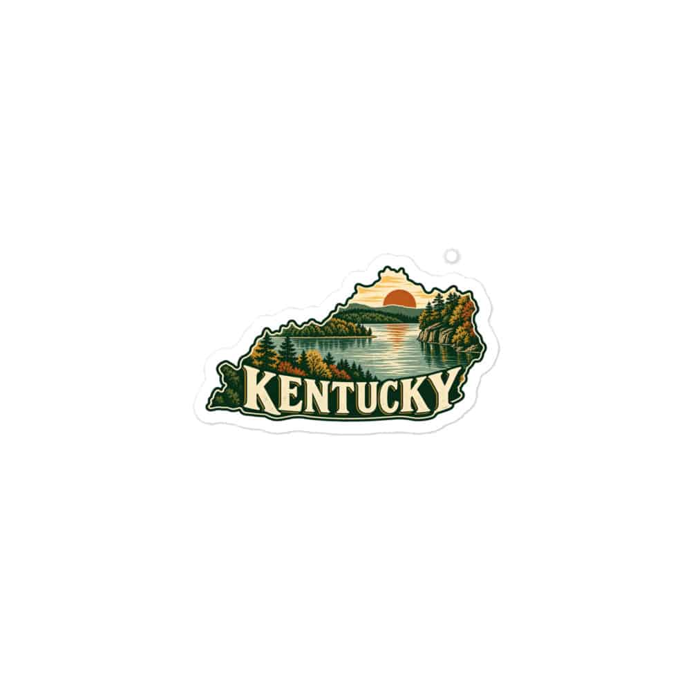 Kentucky Vinyl Sticker: Lake with wooded shoreline, Vintage Kentucky Silhouette