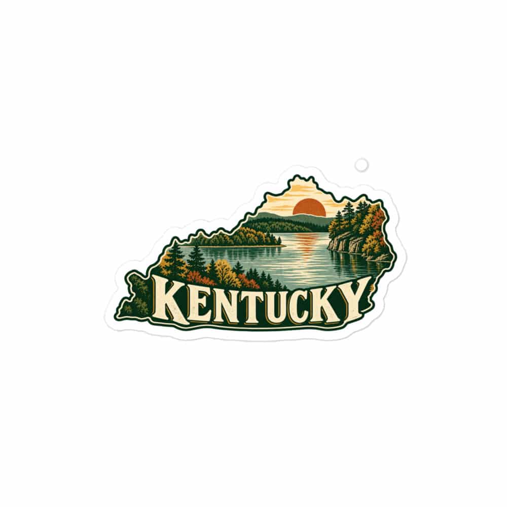 Kentucky Vinyl Sticker: Lake with wooded shoreline, Vintage Kentucky Silhouette