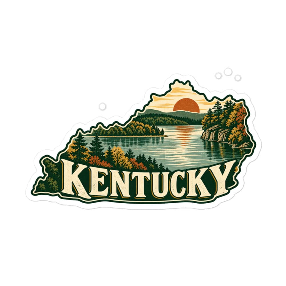 Kentucky Vinyl Sticker: Lake with wooded shoreline, Vintage Kentucky Silhouette