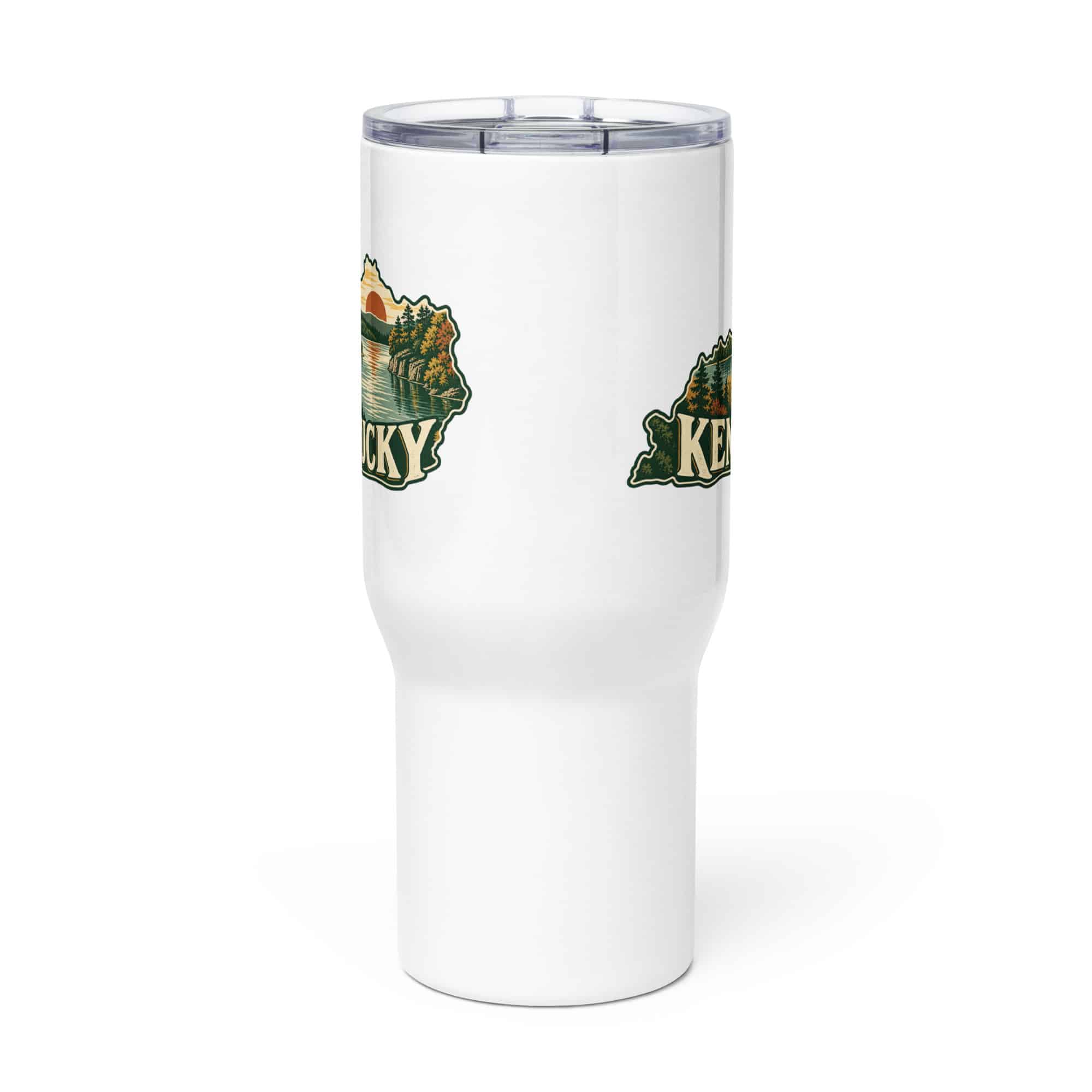 Kentucky Travel Mug: Lake with wooded shoreline, Vintage Kentucky Silhouette