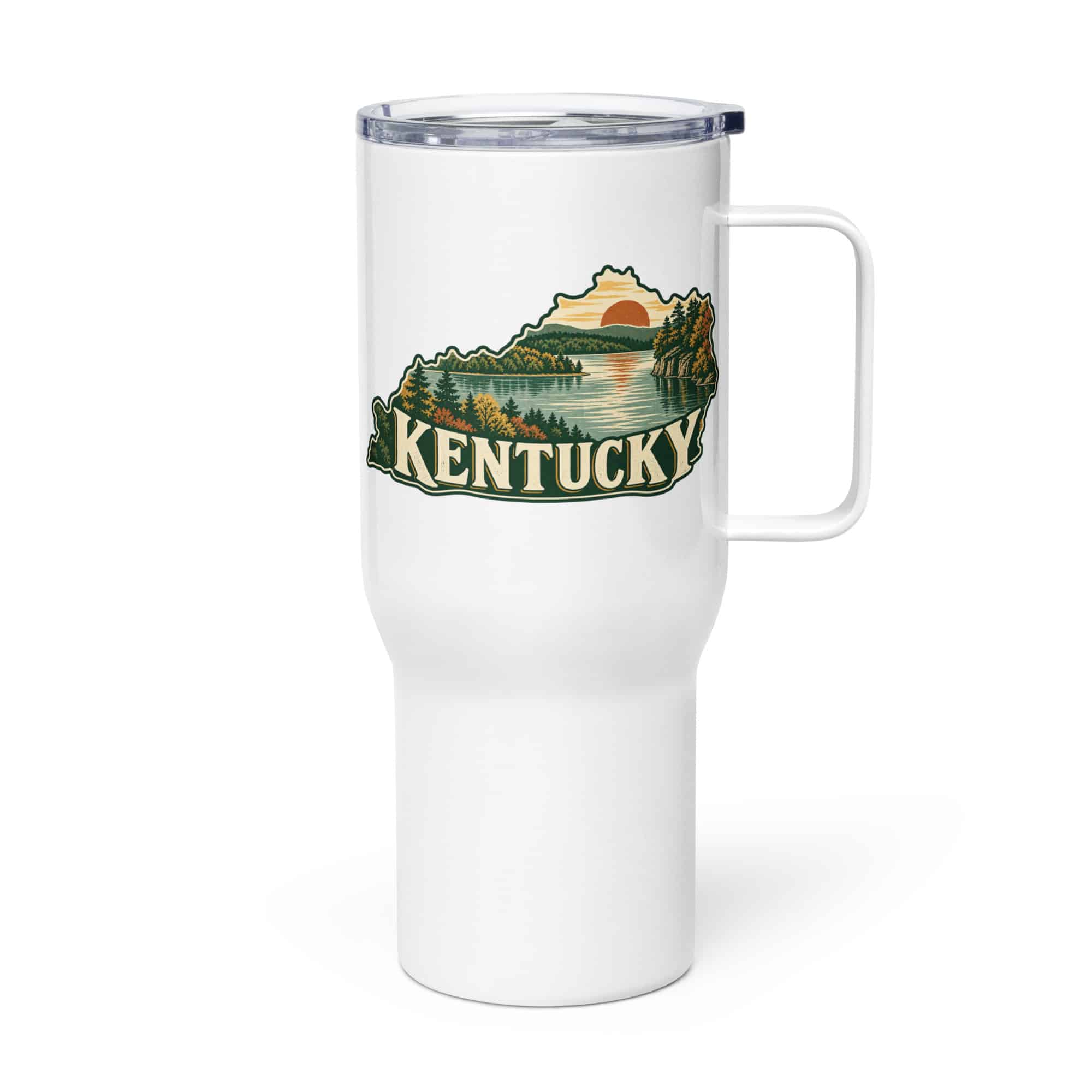 Kentucky Travel Mug: Lake with wooded shoreline, Vintage Kentucky Silhouette