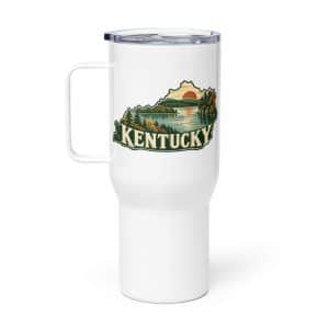 Kentucky Travel Mug: Lake with wooded shoreline, Vintage Kentucky Silhouette - 25 oz - Main