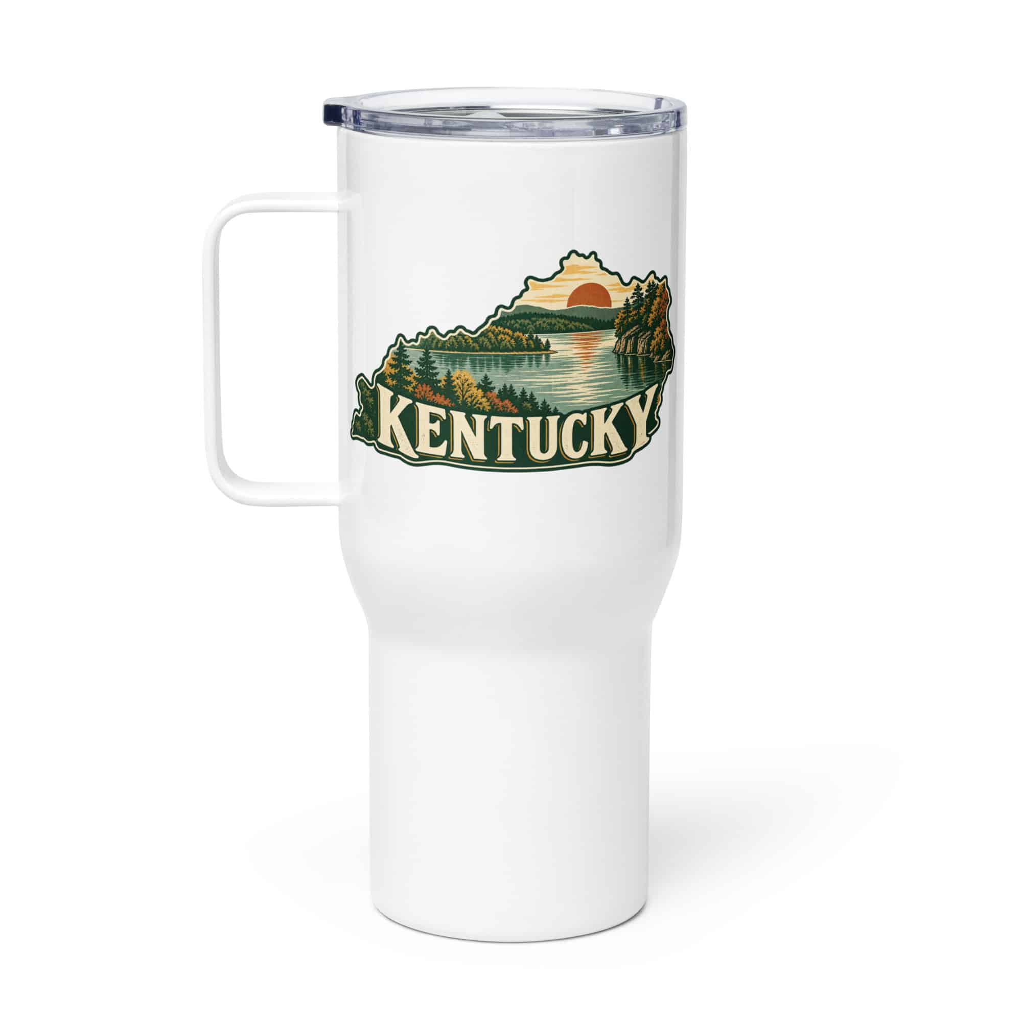 Kentucky Travel Mug: Lake with wooded shoreline, Vintage Kentucky Silhouette