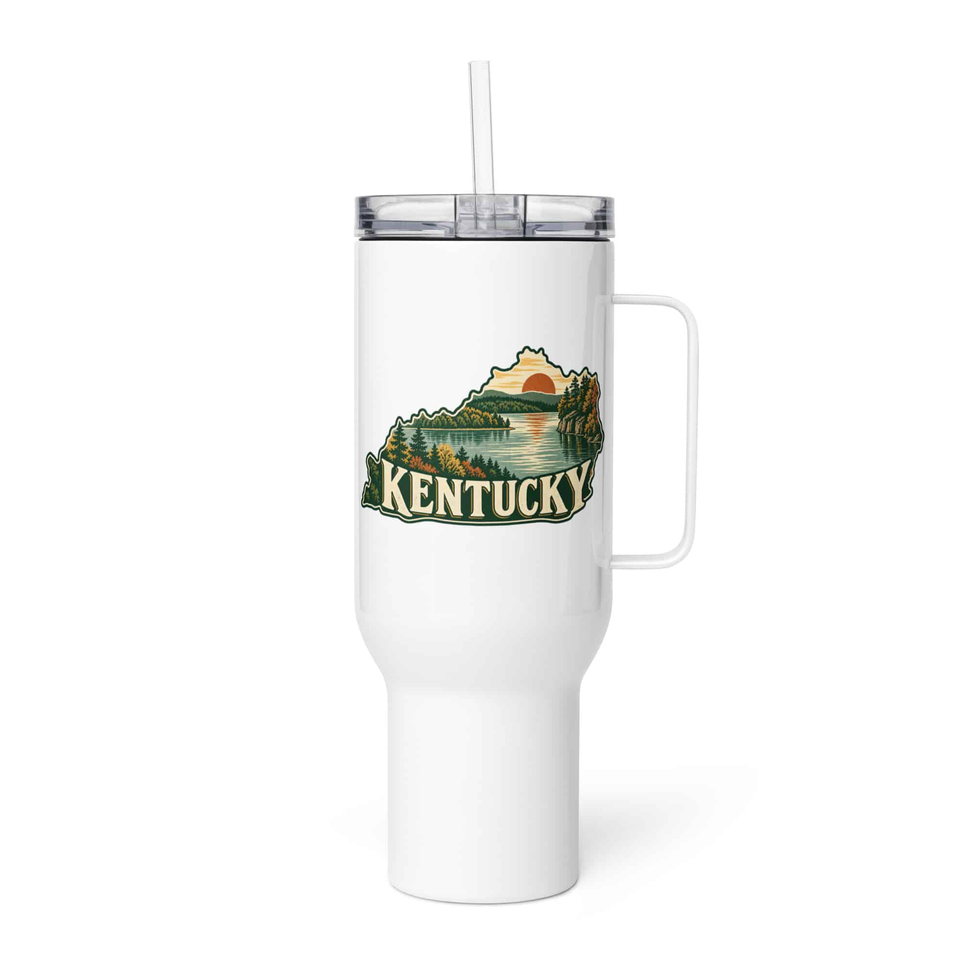Kentucky Travel Mug: Lake with wooded shoreline, Vintage Kentucky Silhouette
