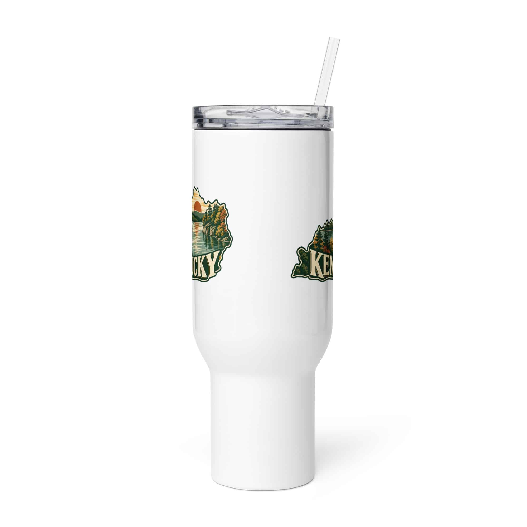 Kentucky Travel Mug: Lake with wooded shoreline, Vintage Kentucky Silhouette