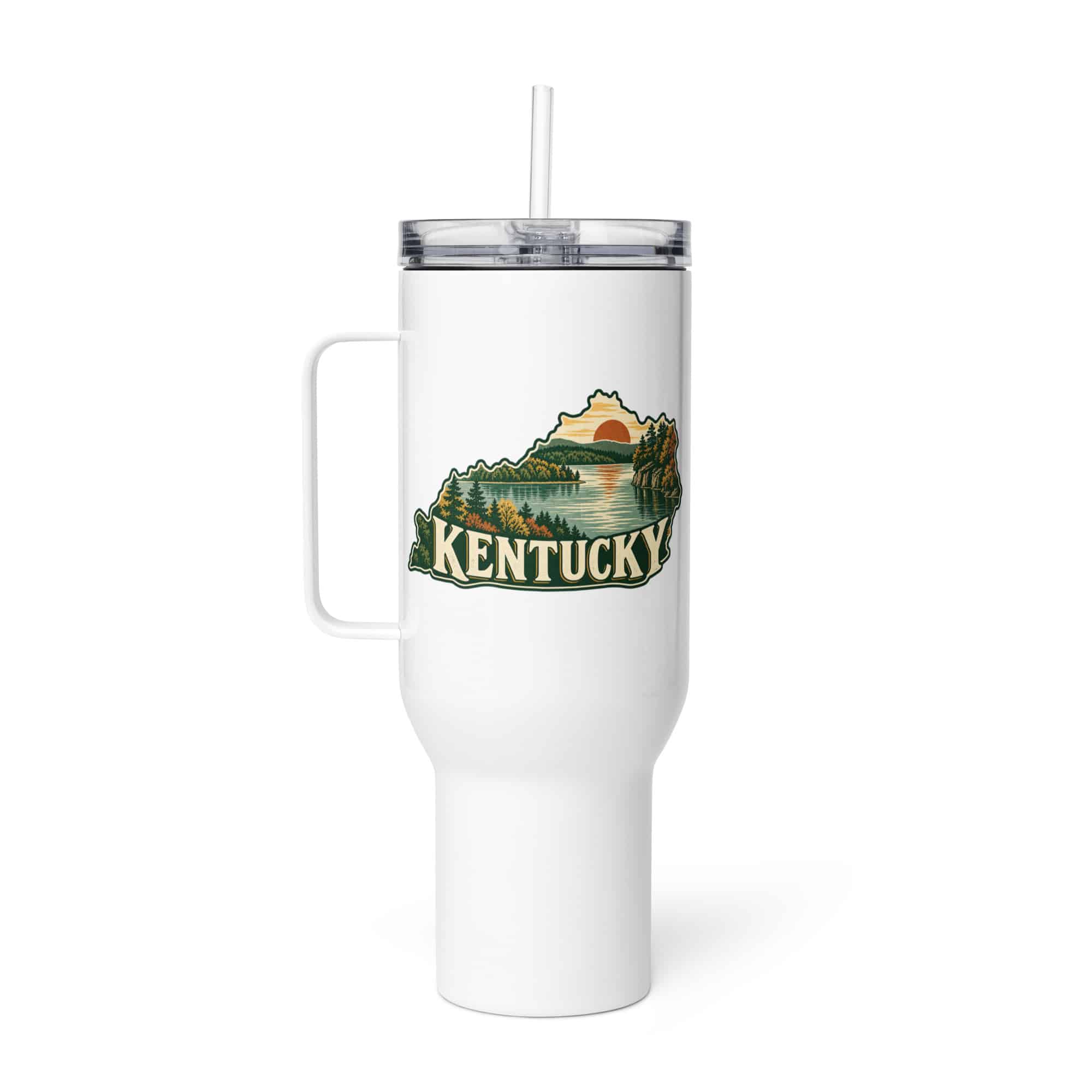 Kentucky Travel Mug: Lake with wooded shoreline, Vintage Kentucky Silhouette