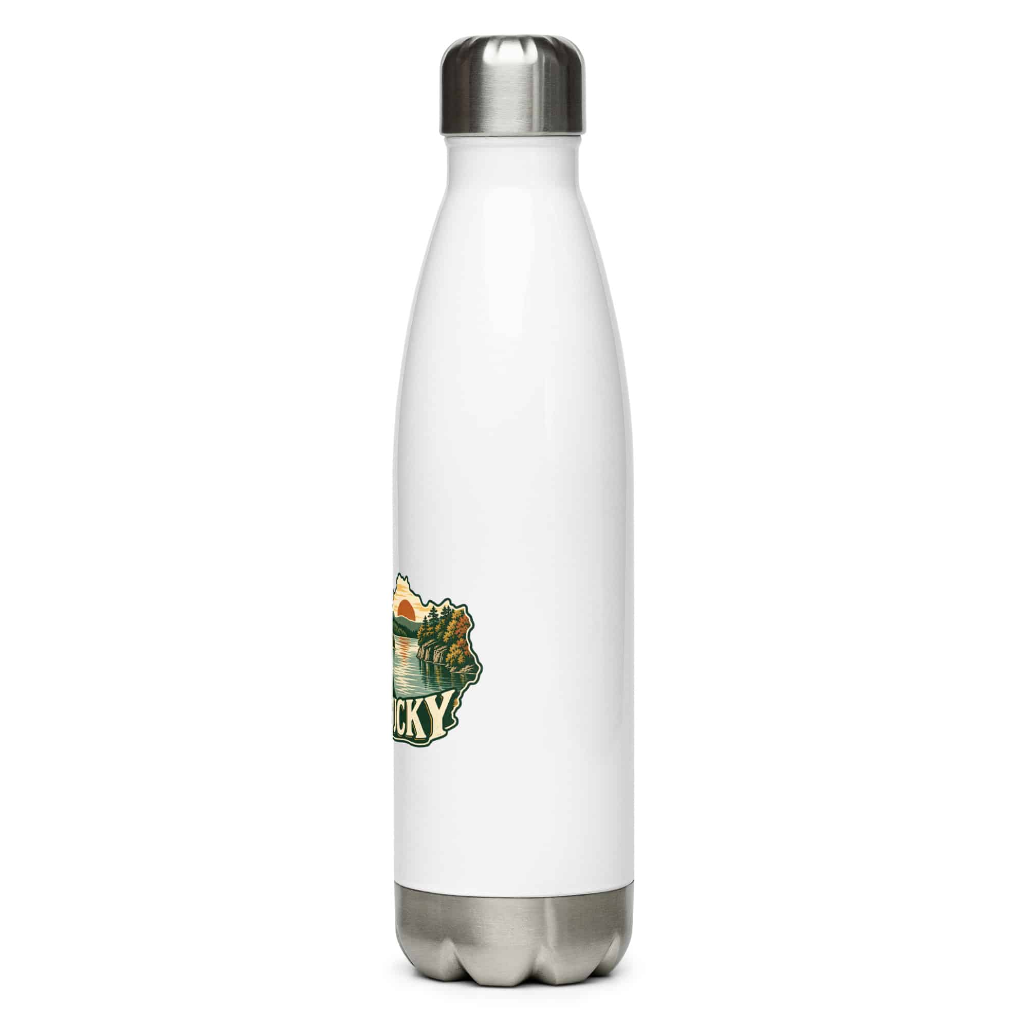 Kentucky Stainless Steel Water Bottle: Lake with wooded shoreline, Vintage Kentucky Silhouette