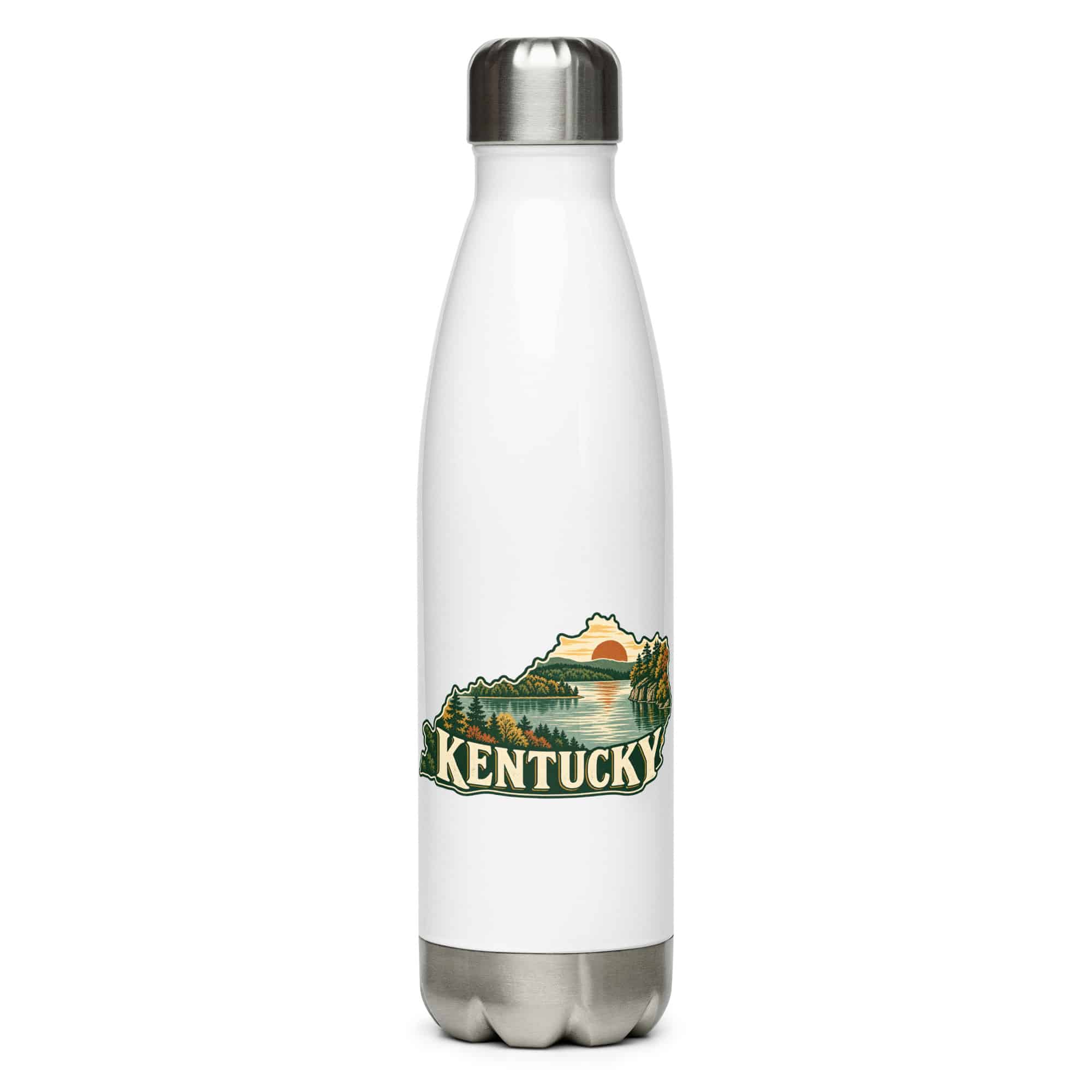 Kentucky Stainless Steel Water Bottle: Lake with wooded shoreline, Vintage Kentucky Silhouette
