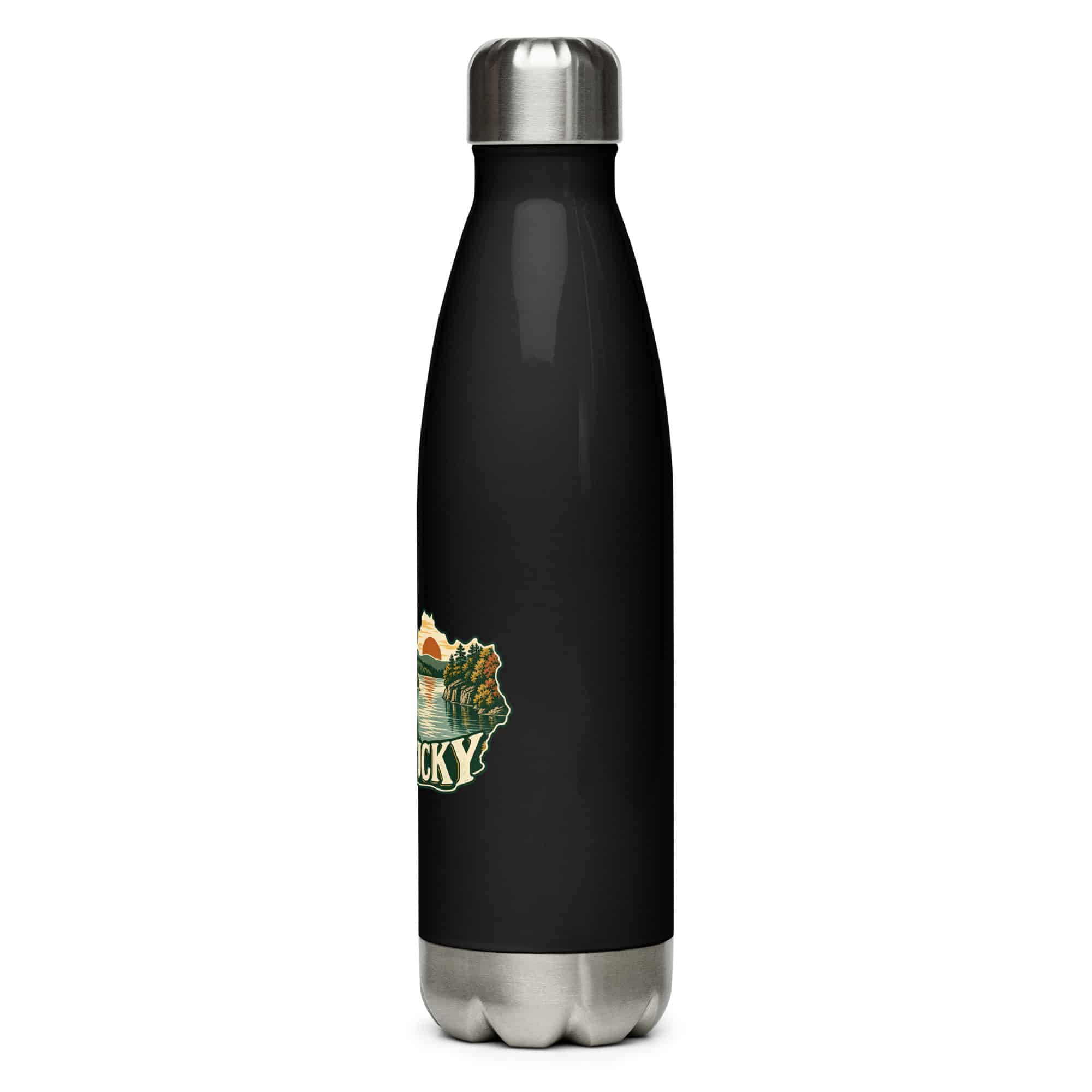 Kentucky Stainless Steel Water Bottle: Lake with wooded shoreline, Vintage Kentucky Silhouette