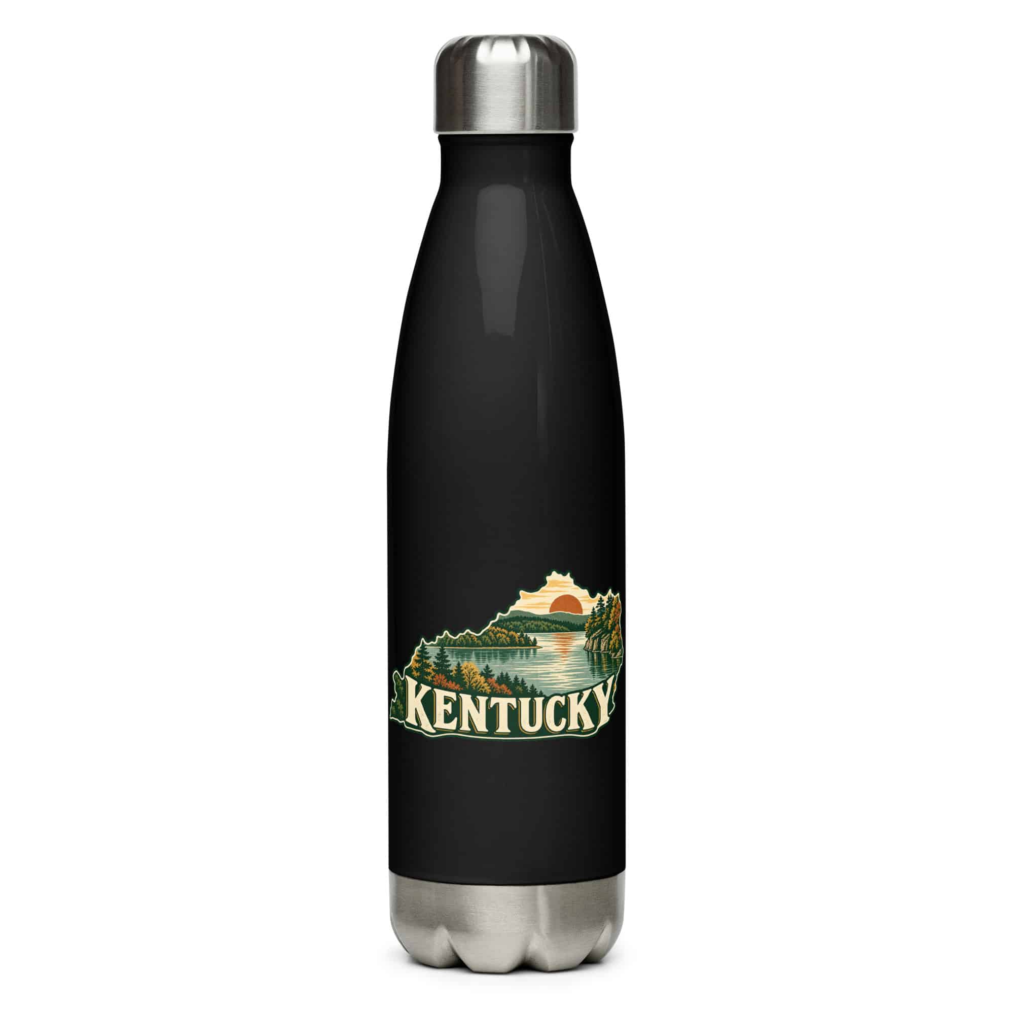 Kentucky Stainless Steel Water Bottle: Lake with wooded shoreline, Vintage Kentucky Silhouette