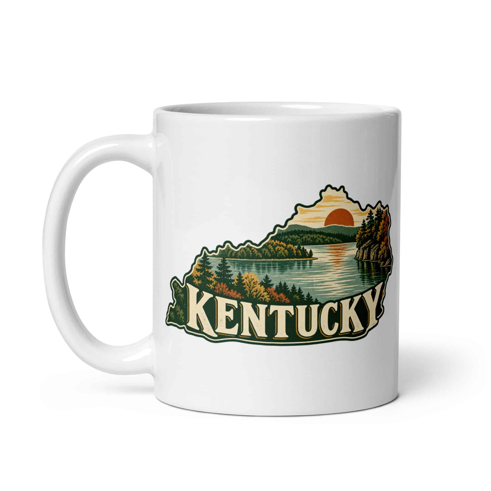 Kentucky White Ceramic Coffee Mug: Lake with wooded shoreline, Vintage Kentucky Silhouette