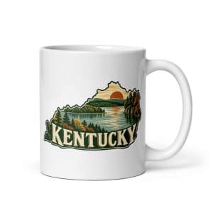 Kentucky White Ceramic Coffee Mug: Lake with wooded shoreline, Vintage Kentucky Silhouette - 11 oz - Main