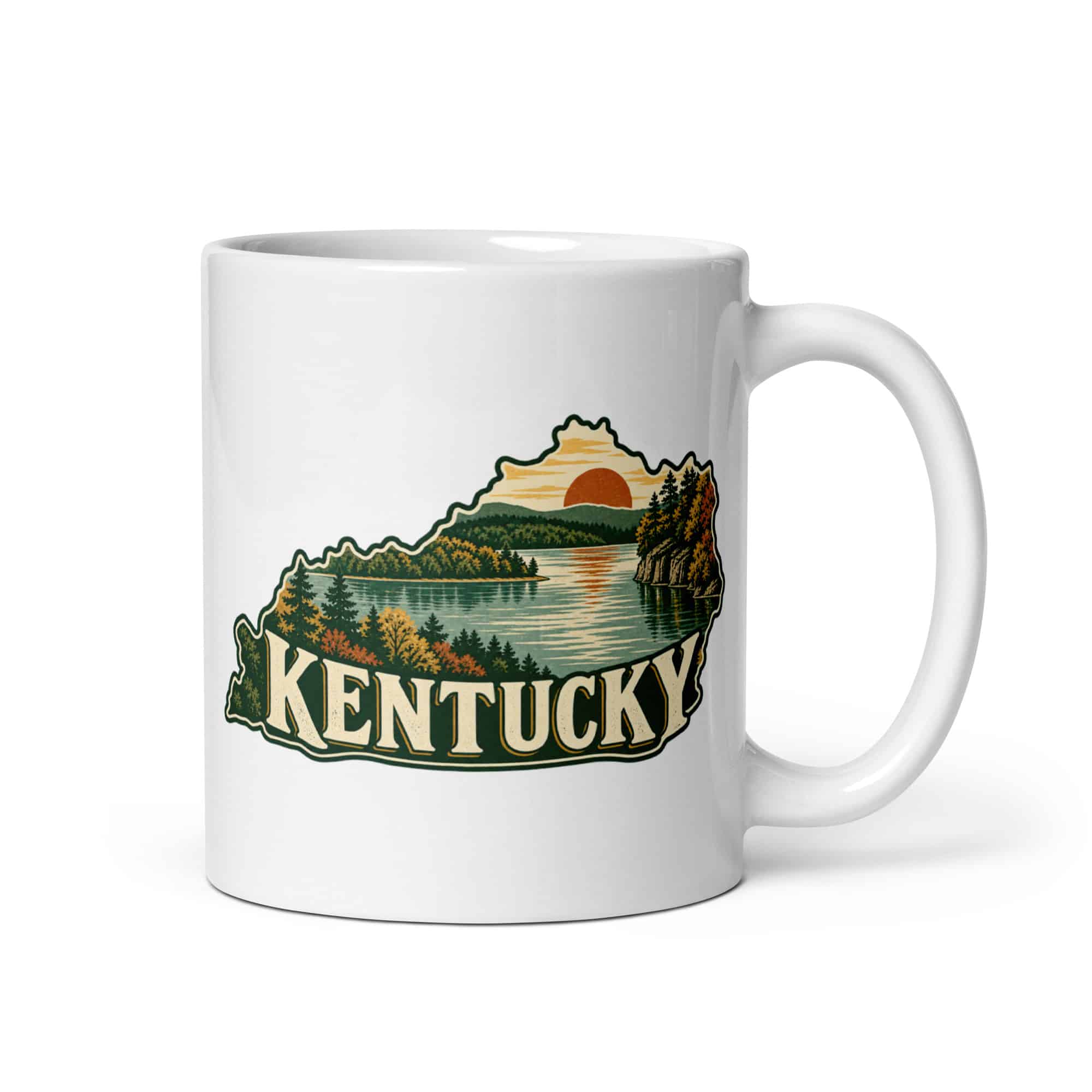 Kentucky White Ceramic Coffee Mug: Lake with wooded shoreline, Vintage Kentucky Silhouette