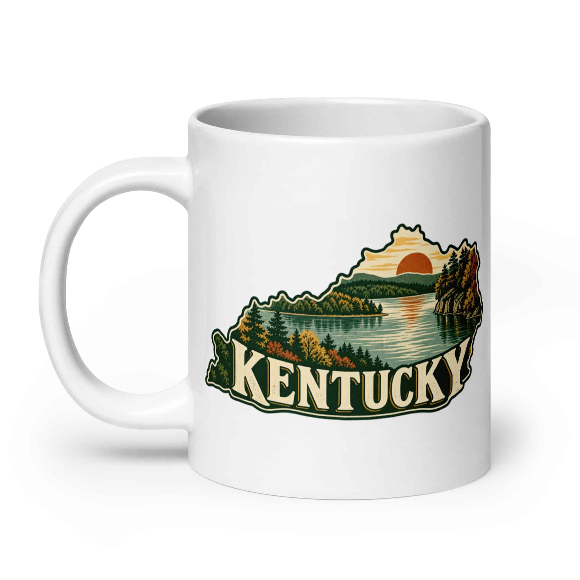 Kentucky White Ceramic Coffee Mug: Lake with wooded shoreline, Vintage Kentucky Silhouette