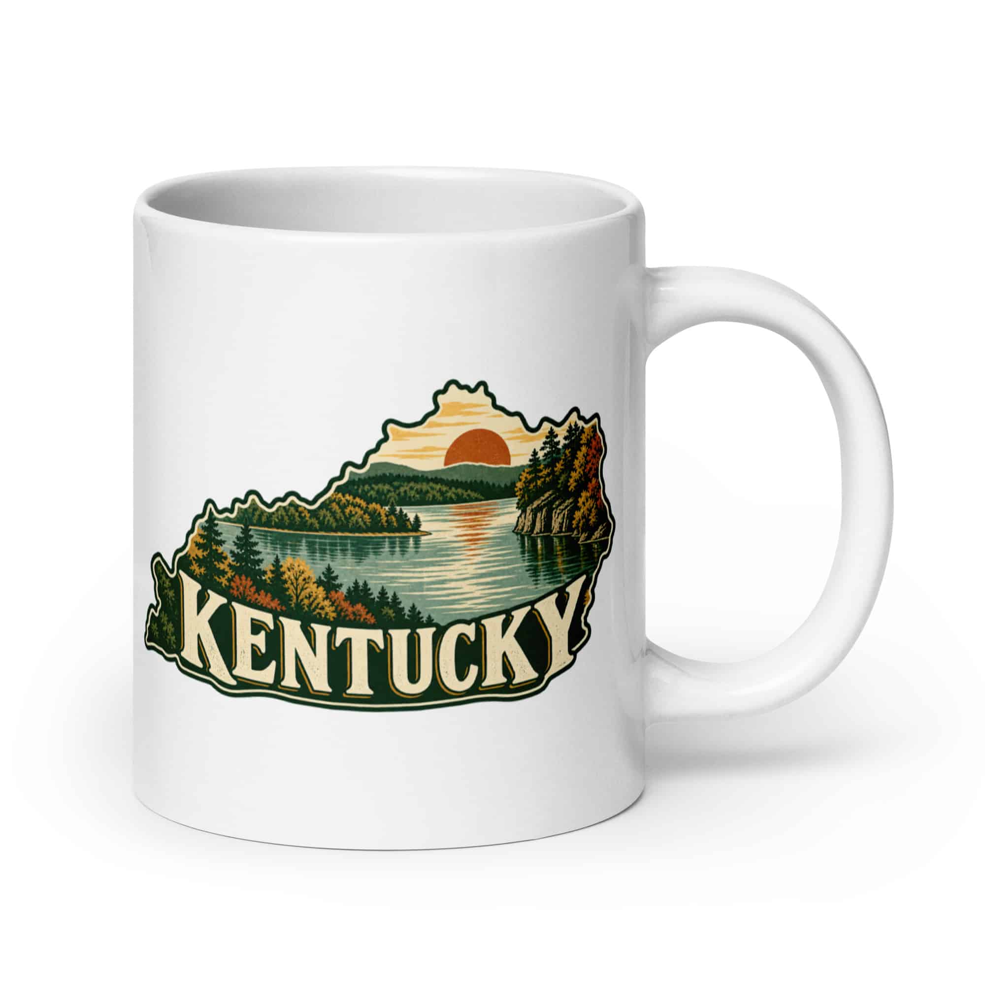 Kentucky White Ceramic Coffee Mug: Lake with wooded shoreline, Vintage Kentucky Silhouette