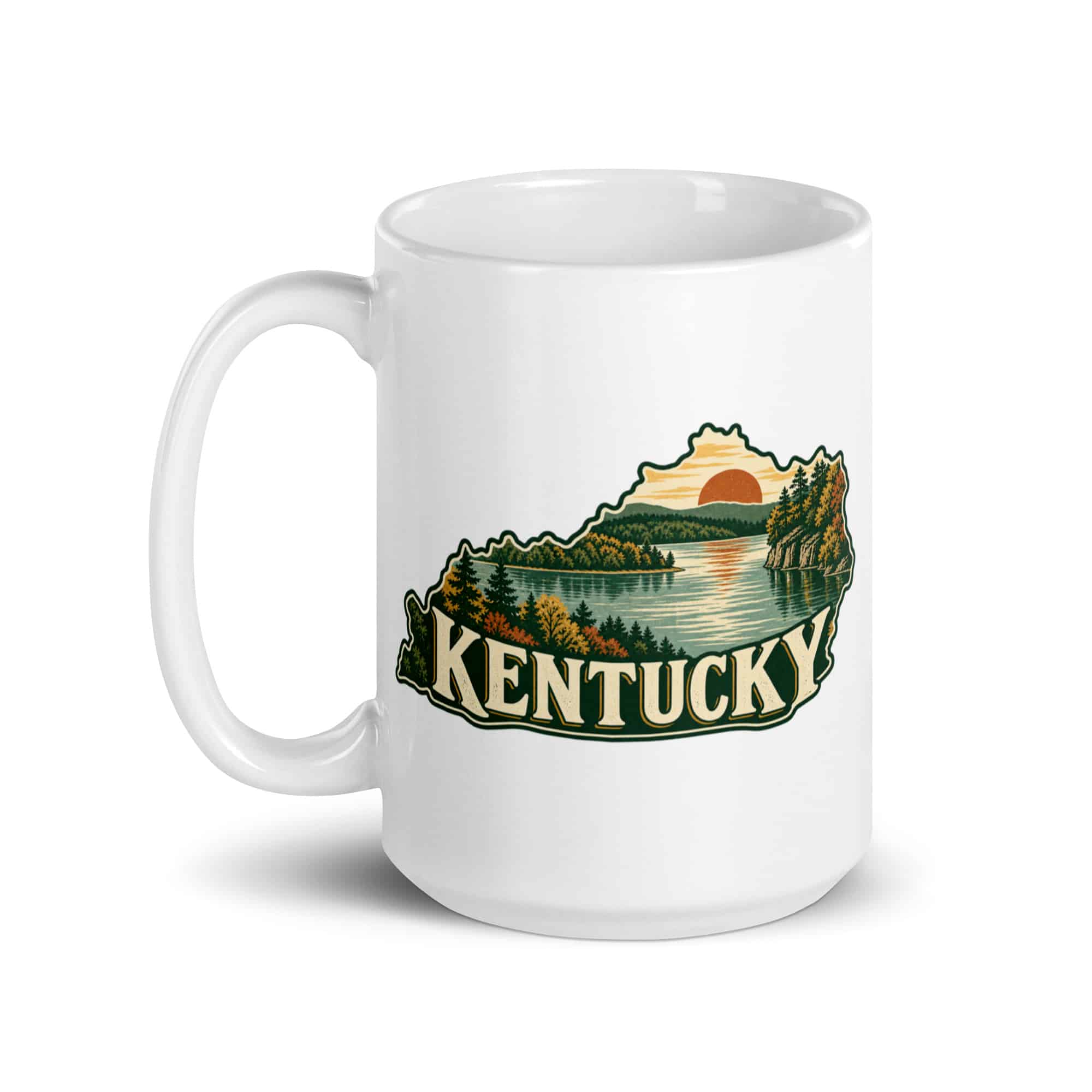 Kentucky White Ceramic Coffee Mug: Lake with wooded shoreline, Vintage Kentucky Silhouette